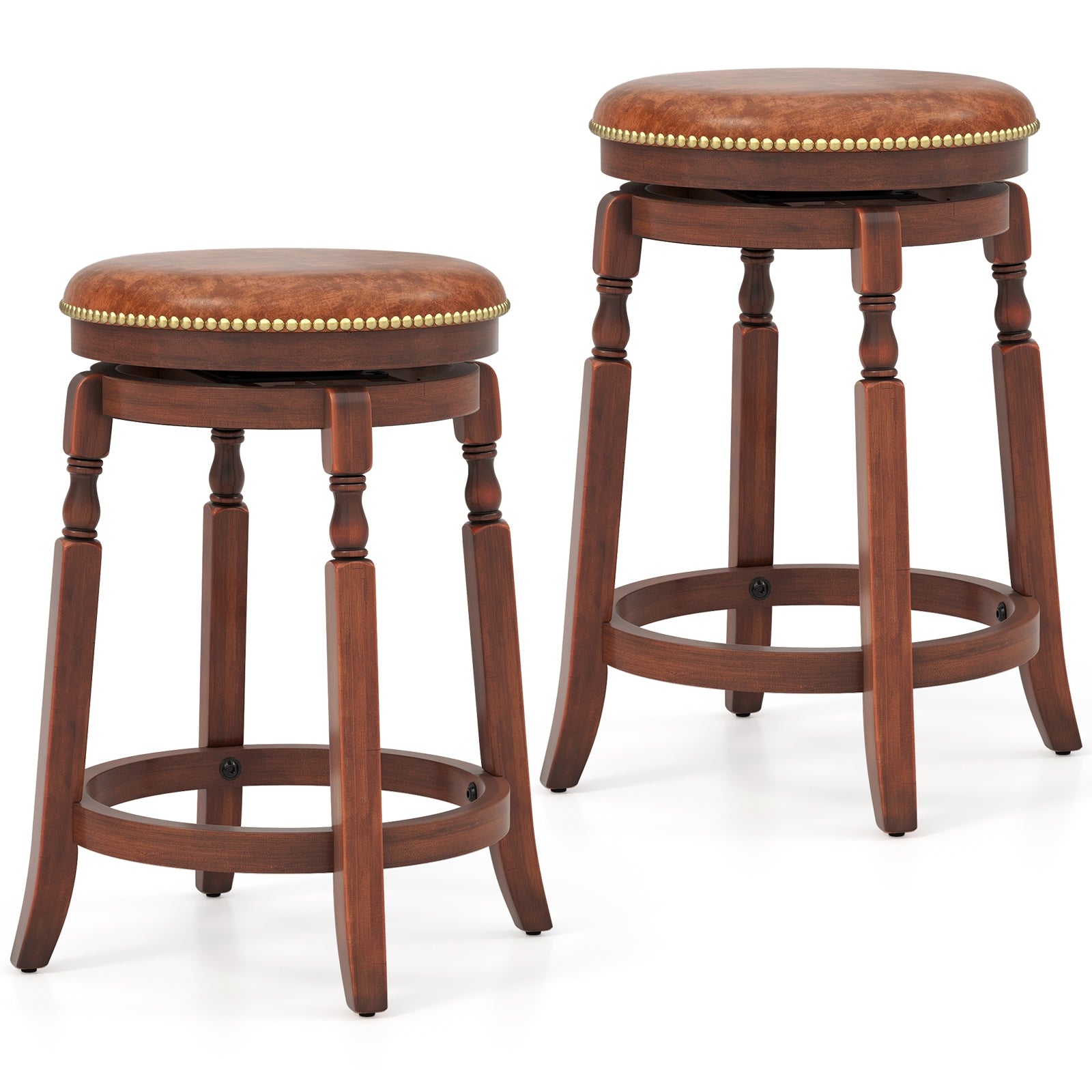 24 Inch Swivel Bar Stool Set, Upholstered Seat, Rubber Wood Frame, Brown Bar Stools at Gallery Canada