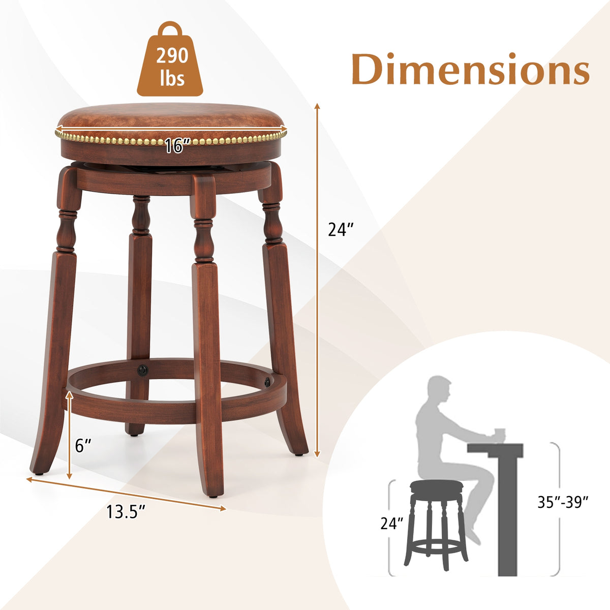 24 Inch Swivel Bar Stool Set, Upholstered Seat, Rubber Wood Frame, Brown Bar Stools at Gallery Canada