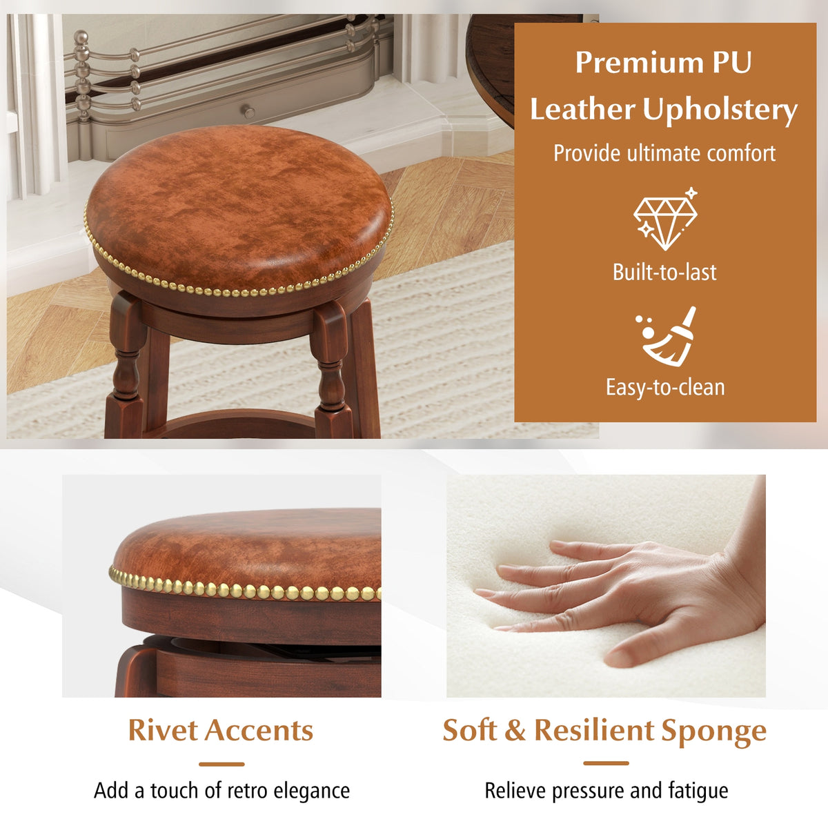 24 Inch Swivel Bar Stool Set, Upholstered Seat, Rubber Wood Frame, Brown Bar Stools at Gallery Canada
