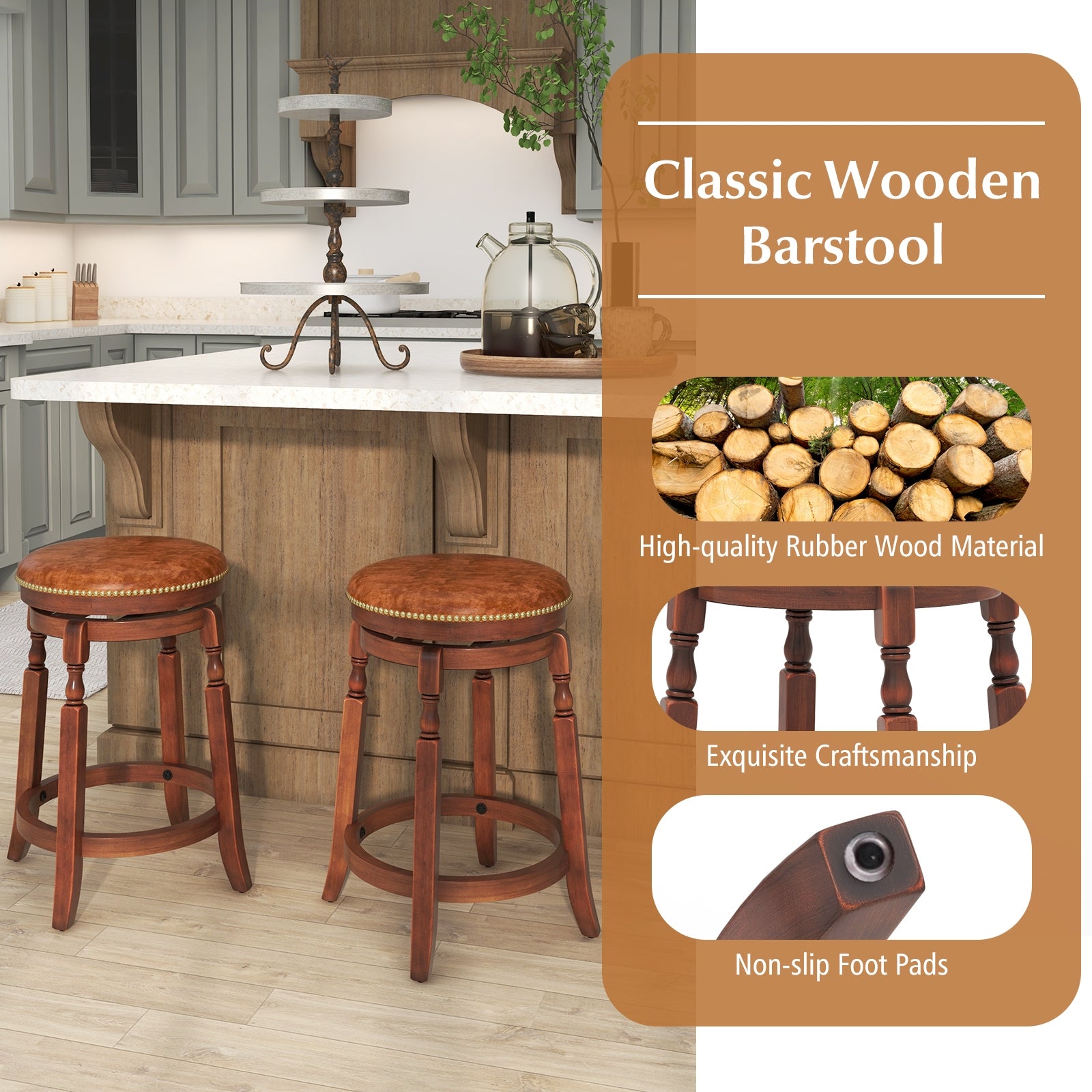 24 Inch Swivel Bar Stool Set, Upholstered Seat, Rubber Wood Frame, Brown Bar Stools at Gallery Canada