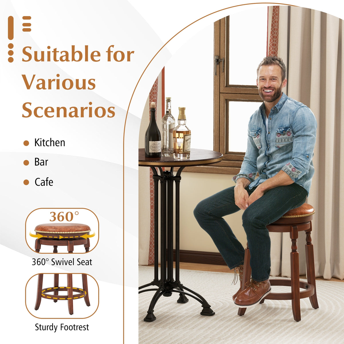 24 Inch Swivel Bar Stool Set, Upholstered Seat, Rubber Wood Frame, Brown Bar Stools at Gallery Canada
