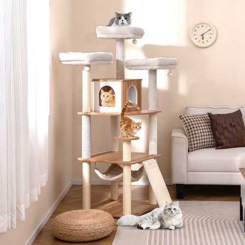 68 Inch Cat Tree, 3 Padded Perches Condo, Sisal Scratching Posts, Natural