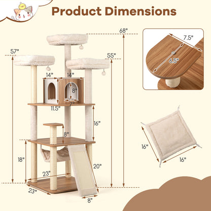68 Inch Cat Tree, 3 Padded Perches Condo, Sisal Scratching Posts, Natural Cat Trees Condos & Scratchers at Gallery Canada