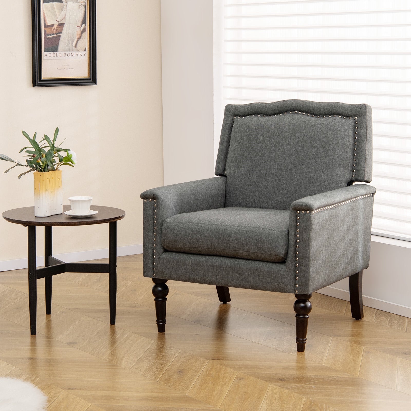 Mid-Century Modern Armchair, Linen Fabric, With Cushion, Gray Accent Chairs at Gallery Canada