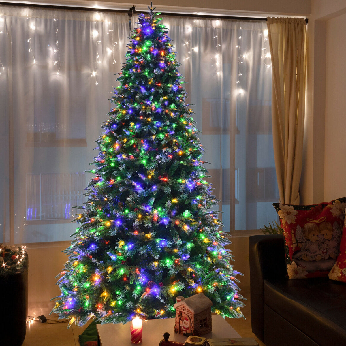 Pre-Lit Snowy Christmas Hinged Tree, Multi-Color Lights, 9', Green Christmas Tree at Gallery Canada