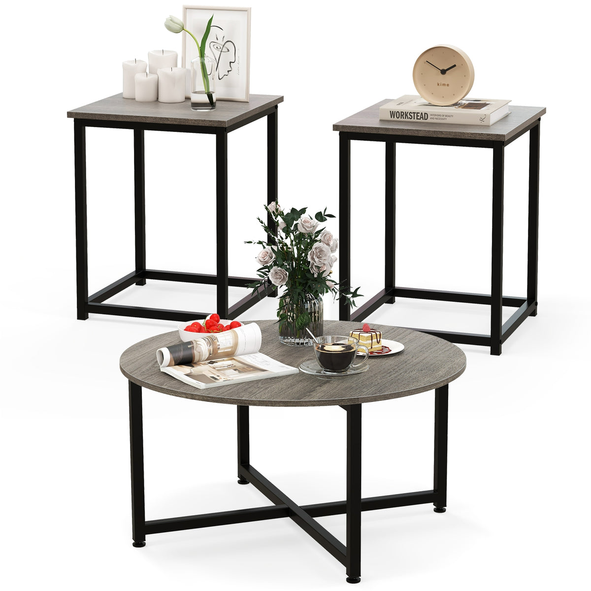 3-Piece Coffee Table Set, Round And 2 Square End Tables, Gray Coffee Tables at Gallery Canada