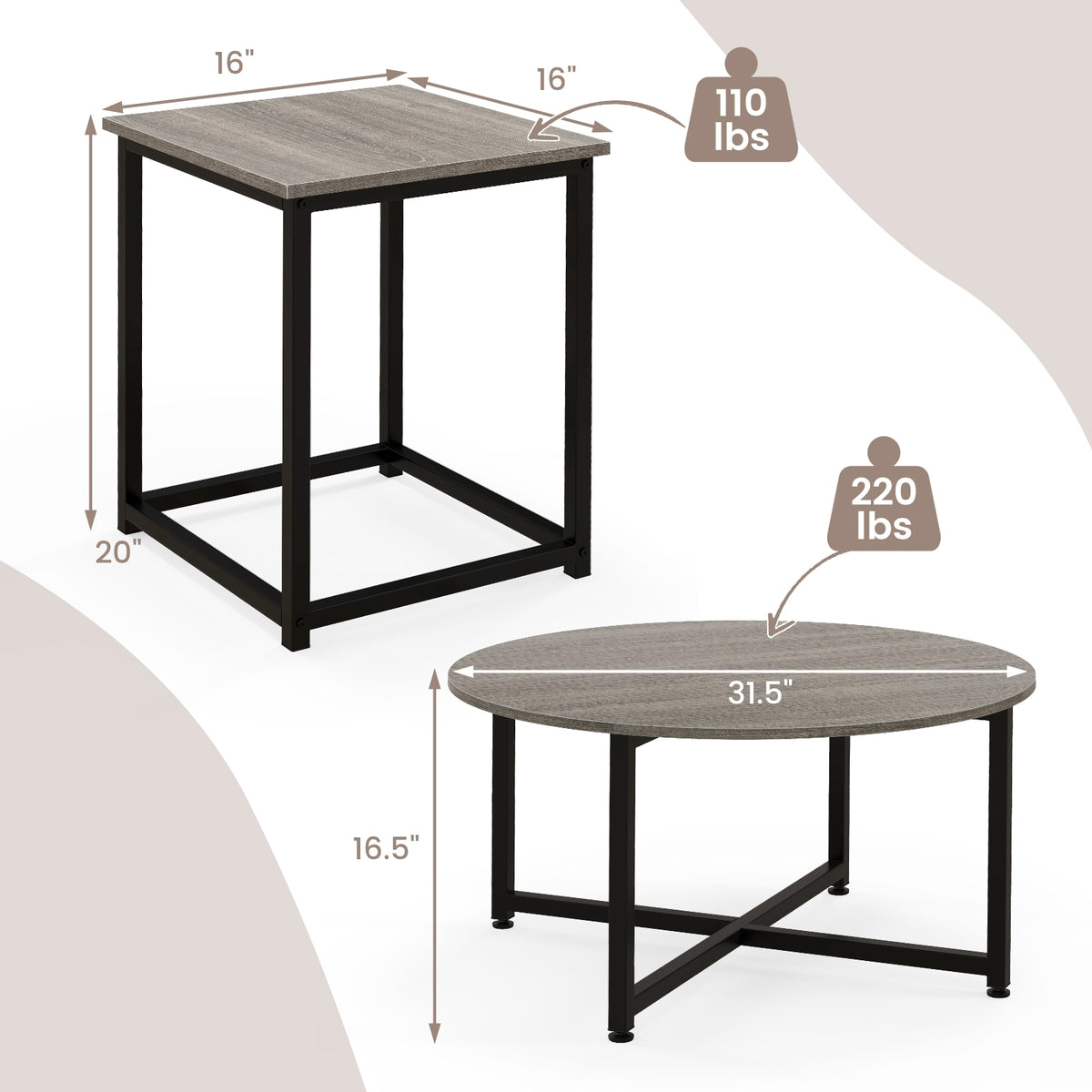 3-Piece Coffee Table Set, Round And 2 Square End Tables, Gray Coffee Tables at Gallery Canada