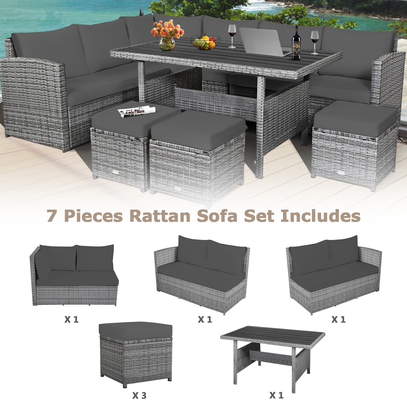 7 Piece Patio Rattan Dining Furniture Set, Sectional Sofa With Ottoman, Gray Outdoor Sectionals at Gallery Canada