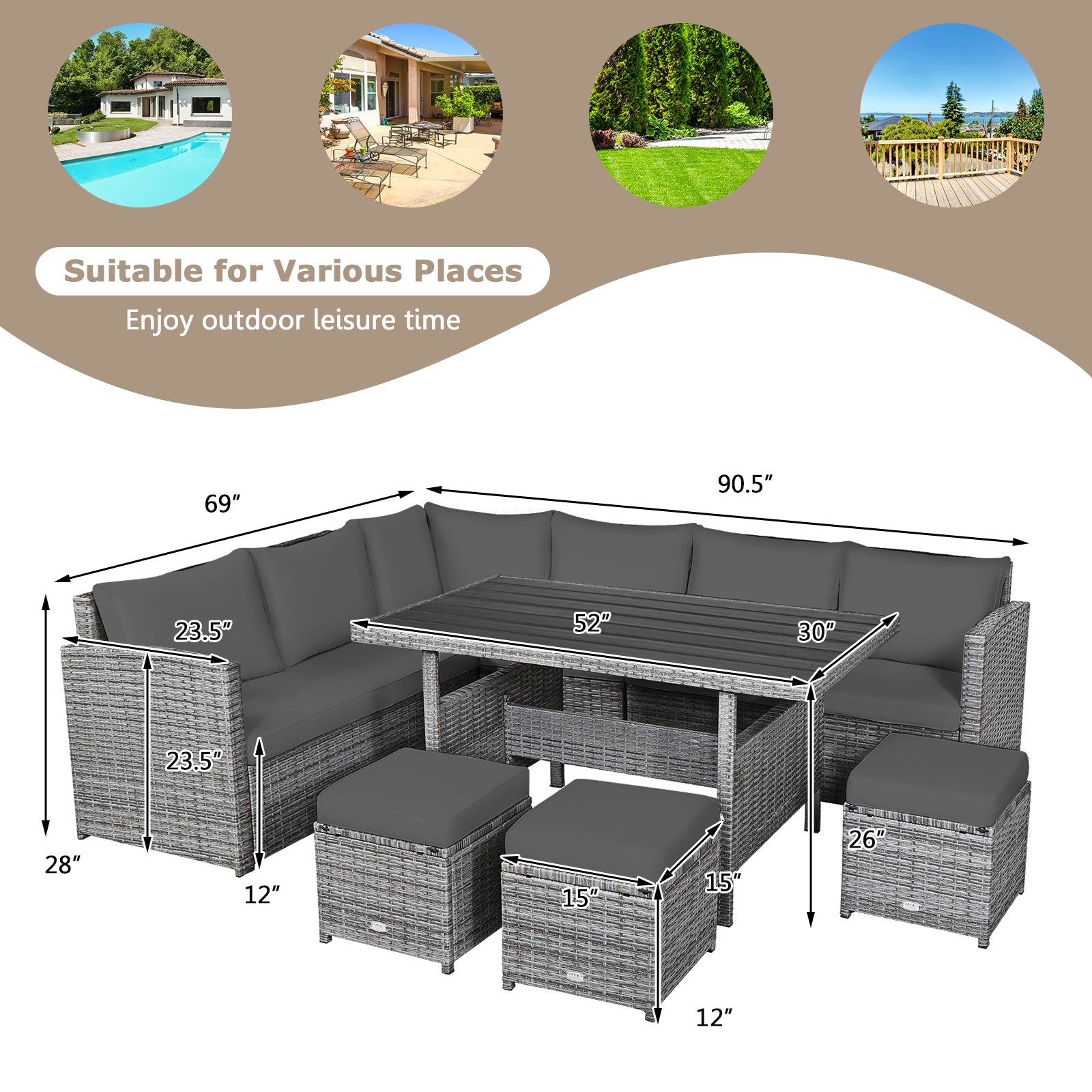 7 Piece Patio Rattan Dining Furniture Set, Sectional Sofa With Ottoman, Gray Outdoor Sectionals at Gallery Canada