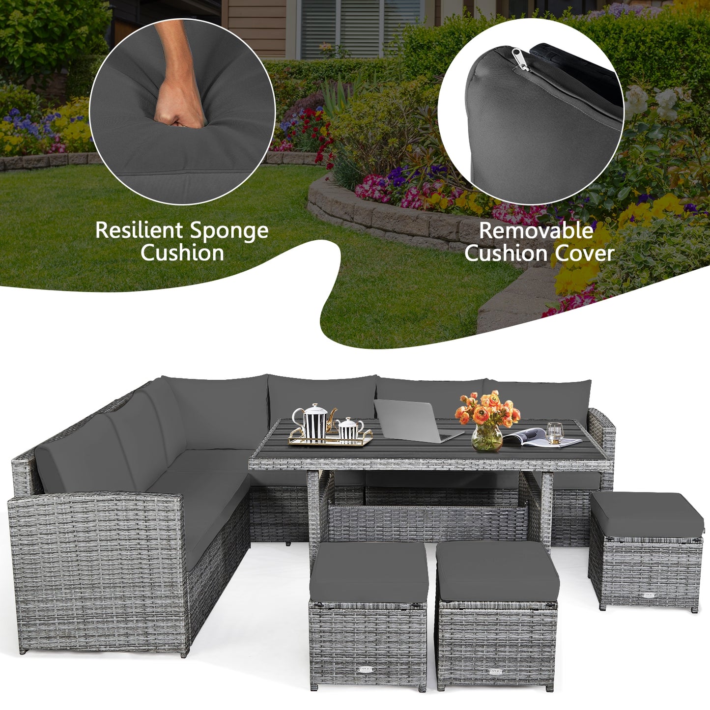 7 Piece Patio Rattan Dining Furniture Set, Sectional Sofa With Ottoman, Gray Outdoor Sectionals at Gallery Canada