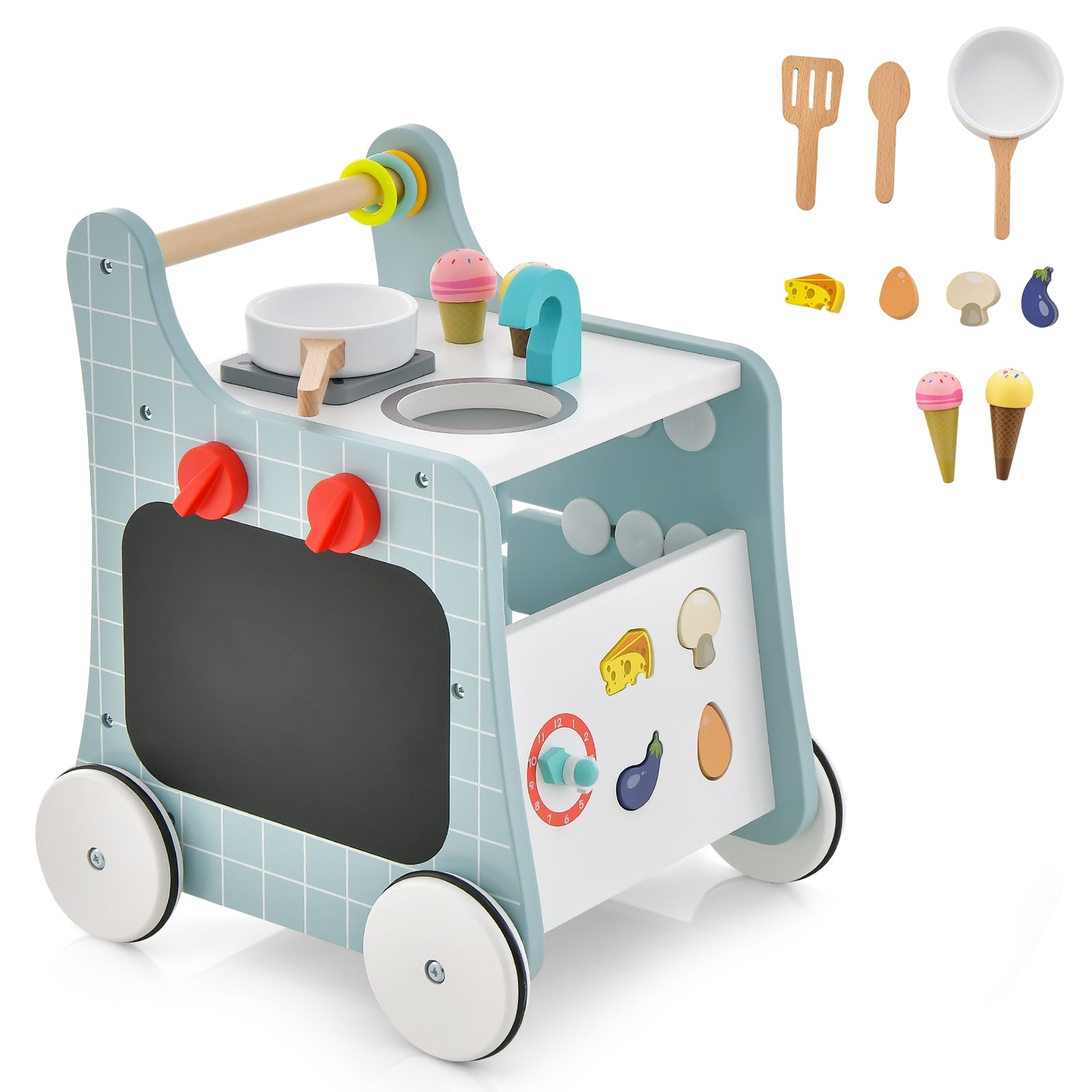 6-In-1 Wooden Baby Stroller With Play Kitchen, Blue Baby Walkers Blue at Gallery Canada