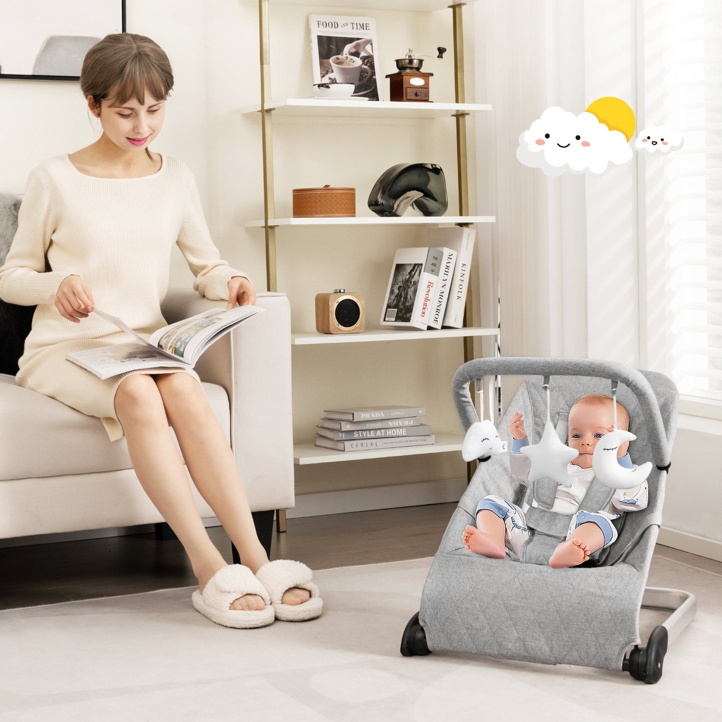 Foldable Baby Bouncer, Removable Fabric Cover, Toy Bar, Gray Baby Bouncer & Rocker at Gallery Canada