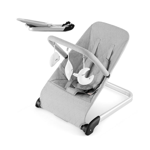 Foldable Baby Bouncer, Removable Fabric Cover, Toy Bar, Gray