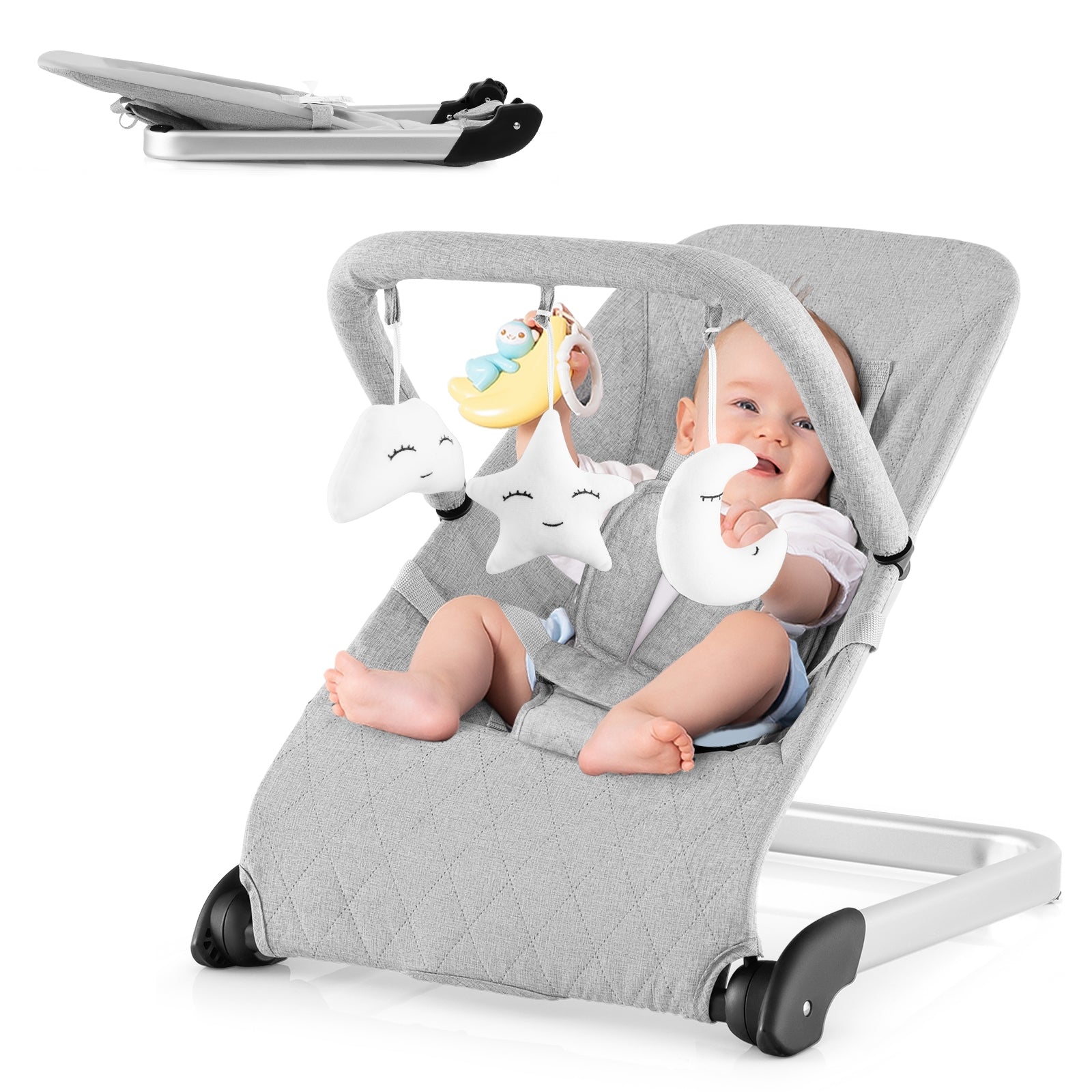 Foldable Baby Bouncer, Removable Fabric Cover, Toy Bar, Gray Baby Bouncer & Rocker at Gallery Canada