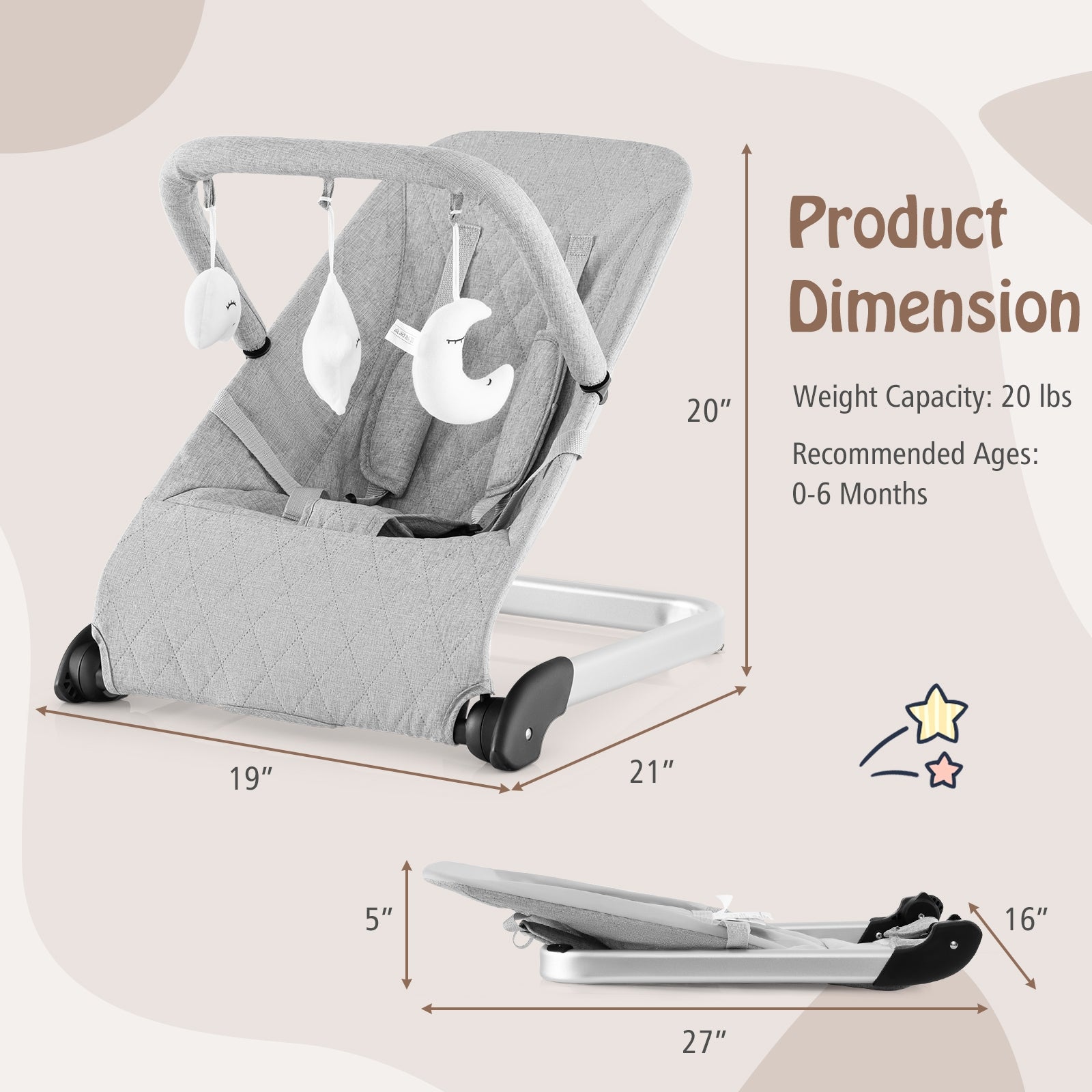 Foldable Baby Bouncer, Removable Fabric Cover, Toy Bar, Gray Baby Bouncer & Rocker at Gallery Canada