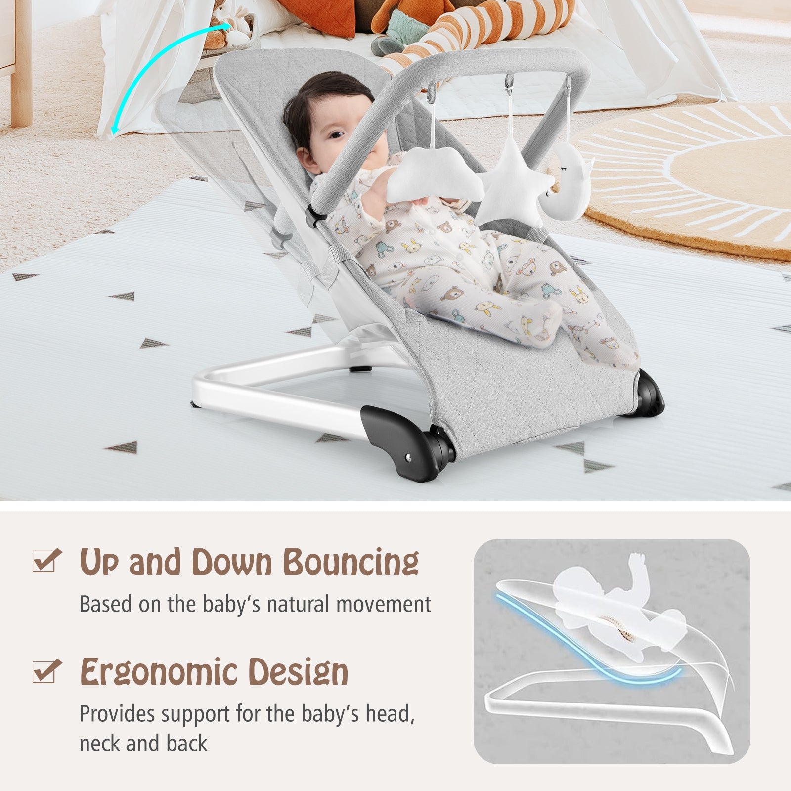 Foldable Baby Bouncer, Removable Fabric Cover, Toy Bar, Gray Baby Bouncer & Rocker at Gallery Canada