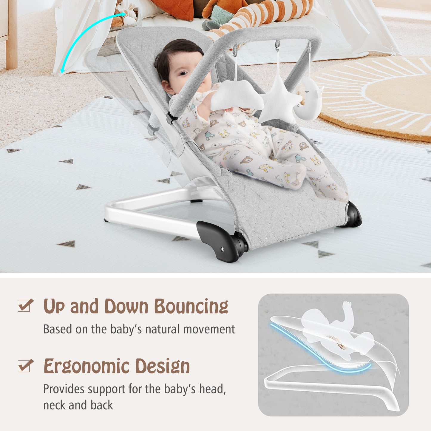 Foldable Baby Bouncer, Removable Fabric Cover, Toy Bar, Gray Baby Bouncer & Rocker at Gallery Canada