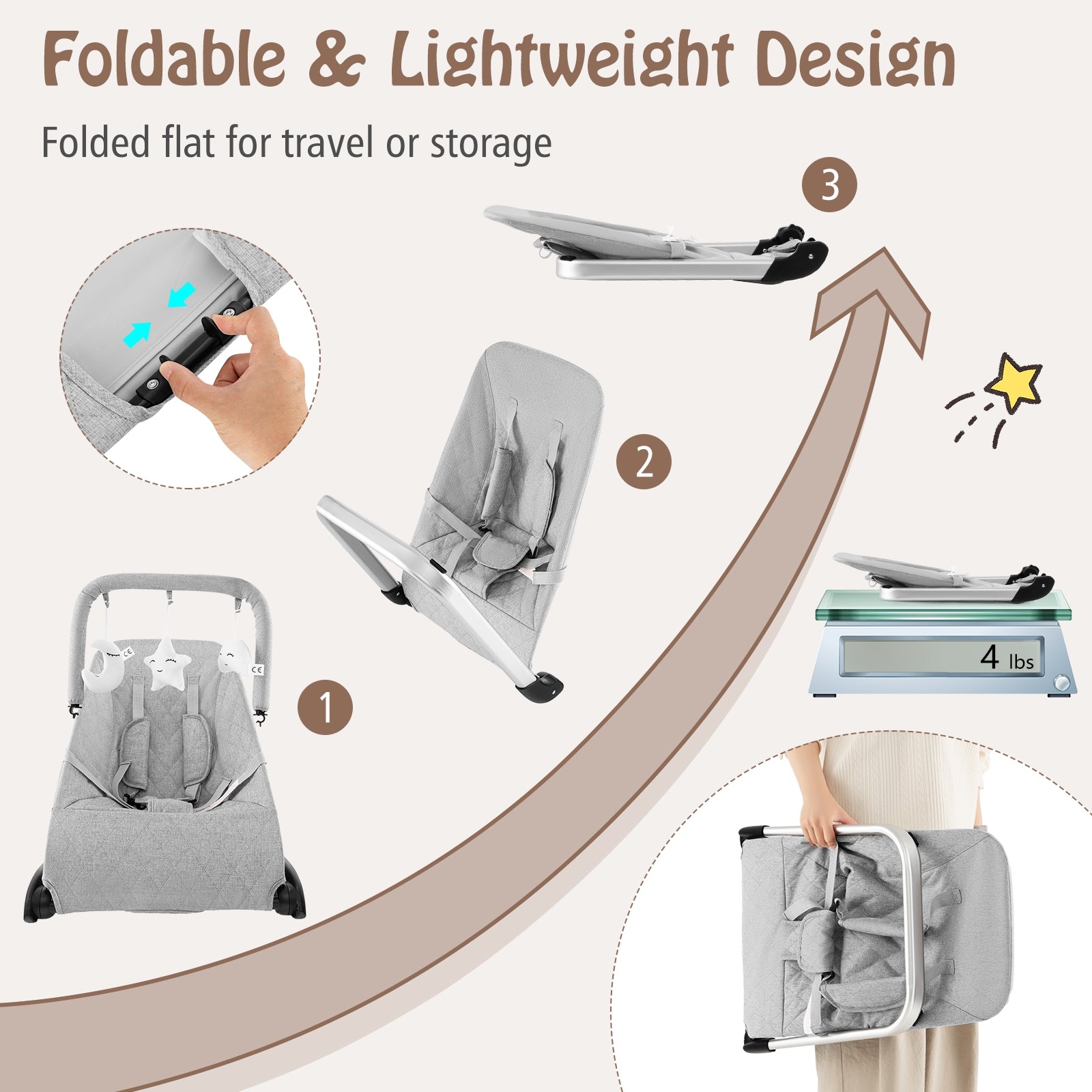Foldable Baby Bouncer, Removable Fabric Cover, Toy Bar, Gray Baby Bouncer & Rocker at Gallery Canada