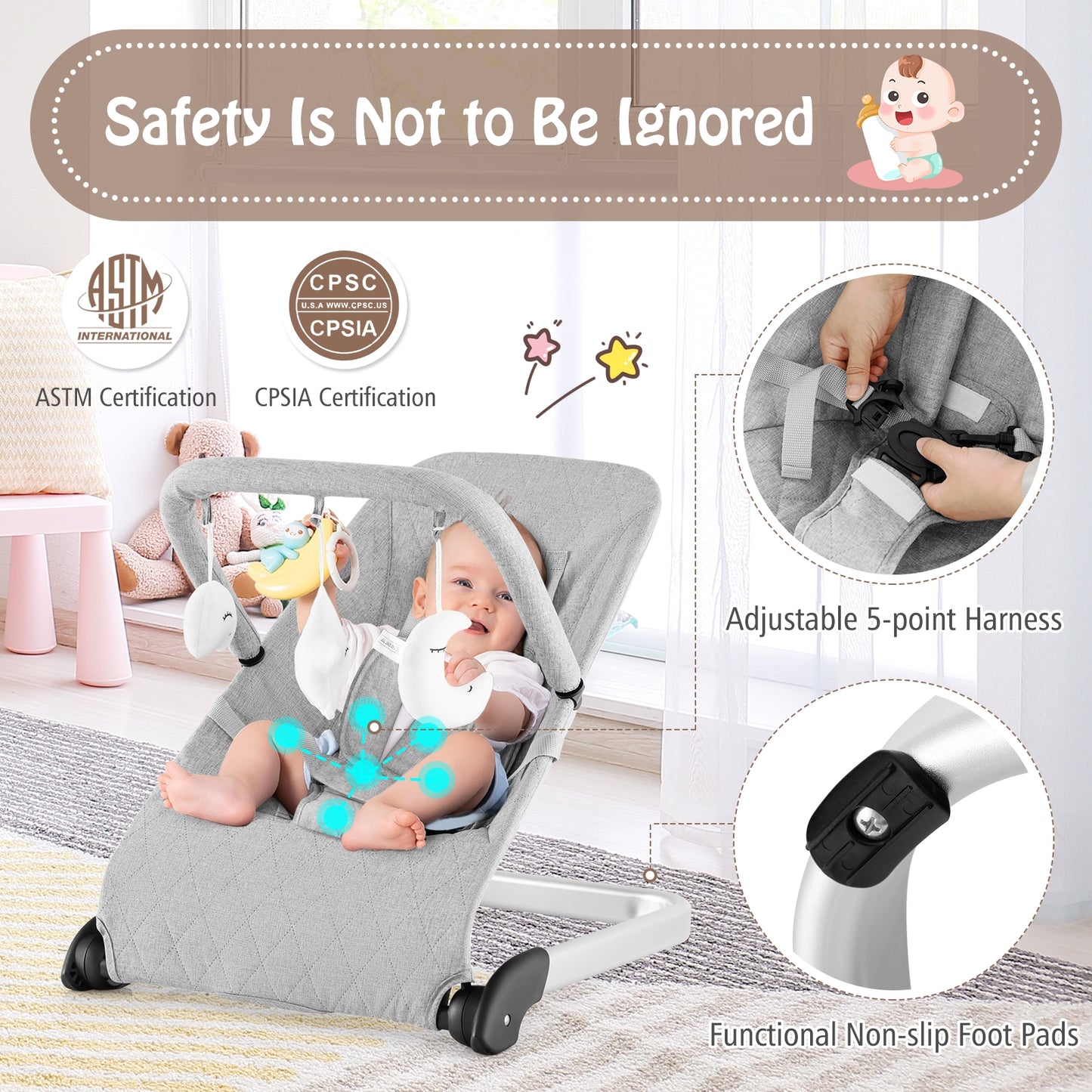 Foldable Baby Bouncer, Removable Fabric Cover, Toy Bar, Gray Baby Bouncer & Rocker at Gallery Canada