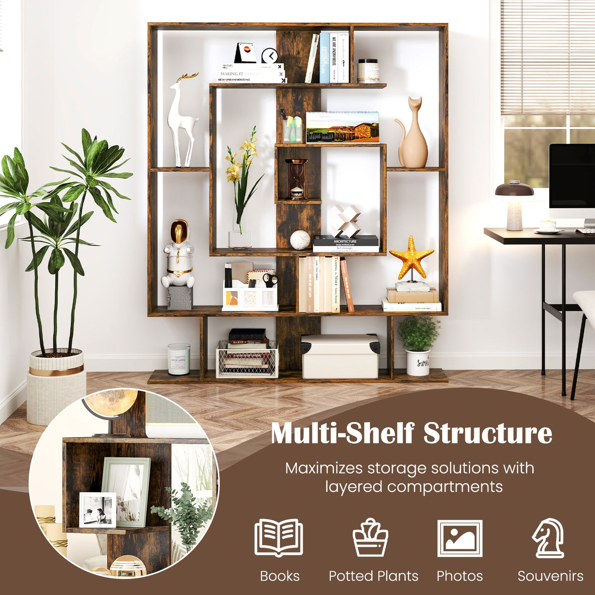 7-Tier Bookshelf Display Rack, Rustic Brown Bookcases at Gallery Canada