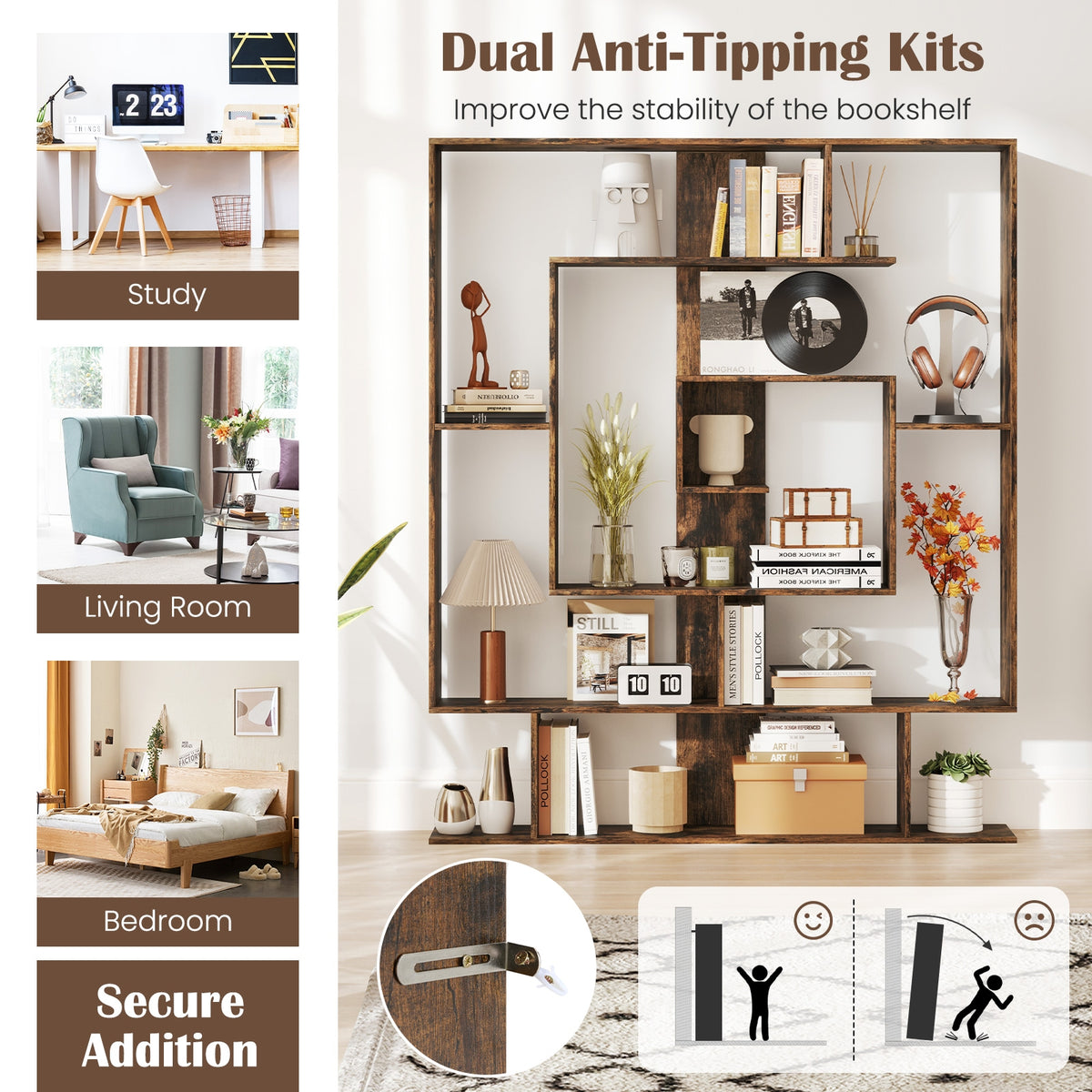 7-Tier Bookshelf Display Rack, Rustic Brown Bookcases at Gallery Canada