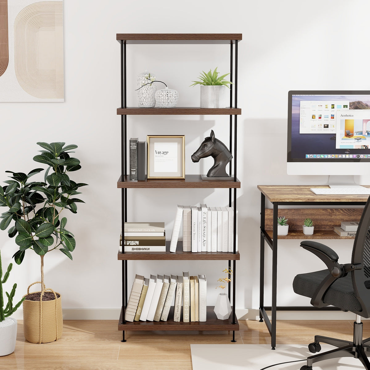 5-Tier Multipurpose Display Rack, Metal Frame, Walnut Bookcases at Gallery Canada