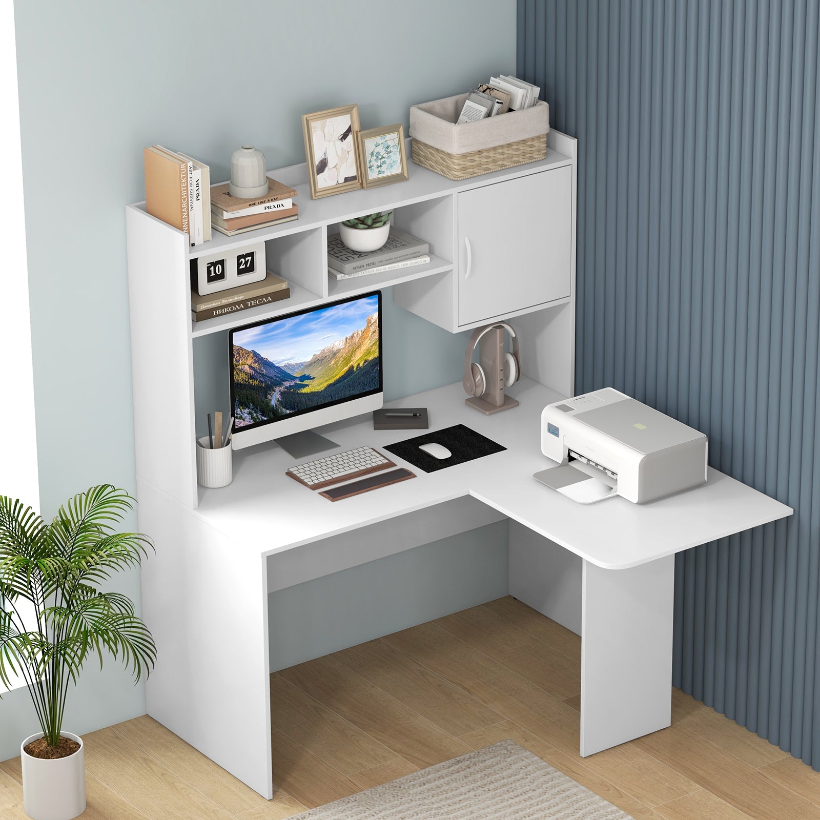 L-Shaped Corner Computer Desk, With Storage Hutch And Cabinet, White Computer Desks at Gallery Canada