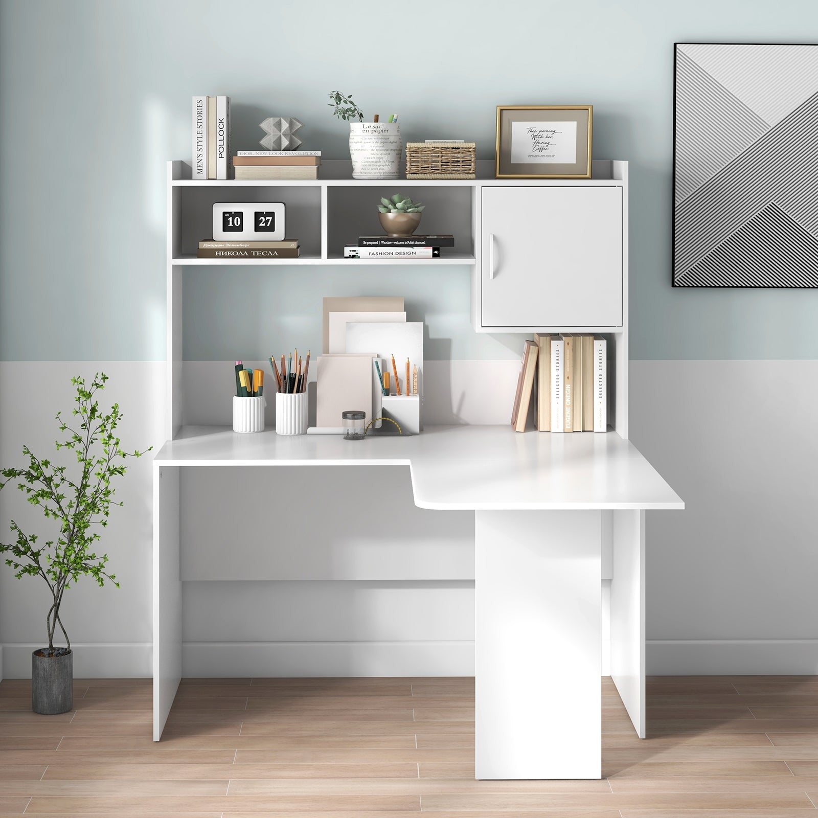 L-Shaped Corner Computer Desk, With Storage Hutch And Cabinet, White Computer Desks at Gallery Canada