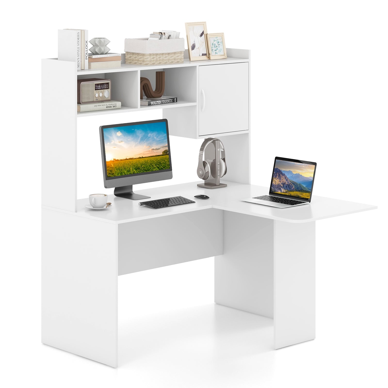 L-Shaped Corner Computer Desk, With Storage Hutch And Cabinet, White Computer Desks at Gallery Canada