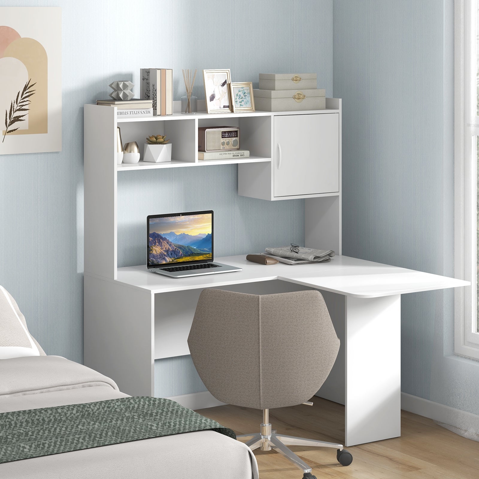 L-Shaped Corner Computer Desk, With Storage Hutch And Cabinet, White Computer Desks at Gallery Canada