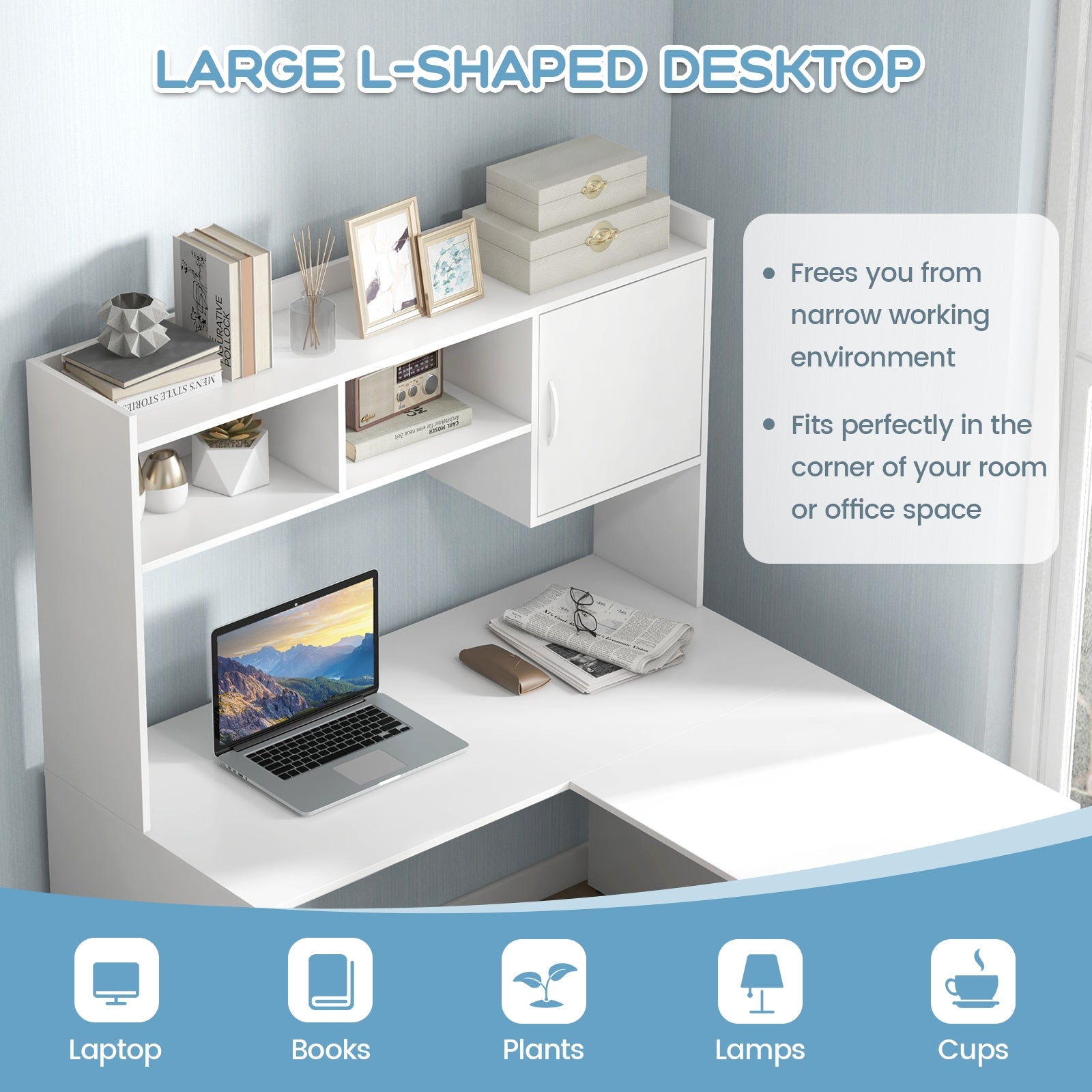 L-Shaped Corner Computer Desk, With Storage Hutch And Cabinet, White Computer Desks at Gallery Canada