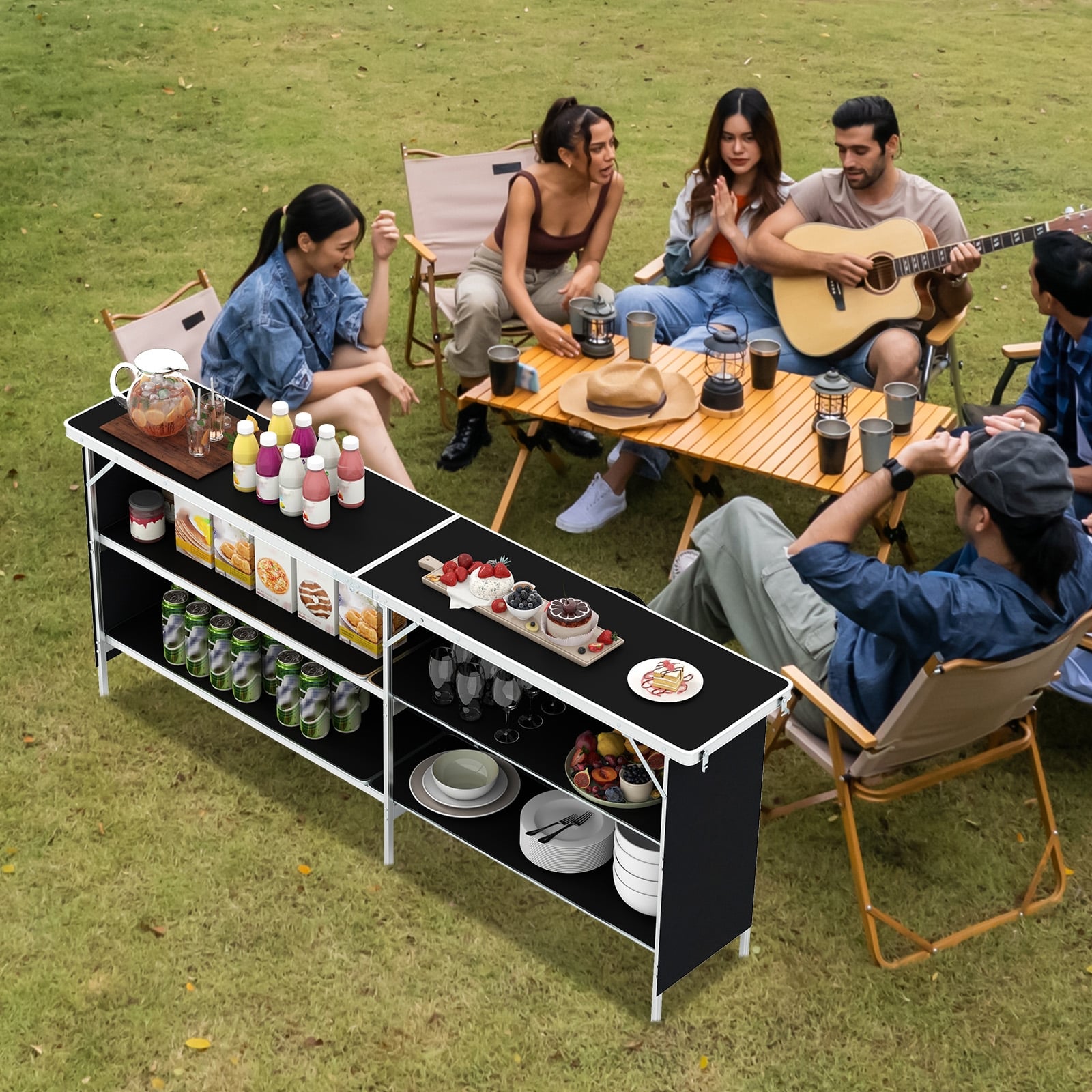 Aluminum Portable Picnic Table, 2-Tier Open Shelves, Spacious Tabletop, Black Camping Furniture at Gallery Canada