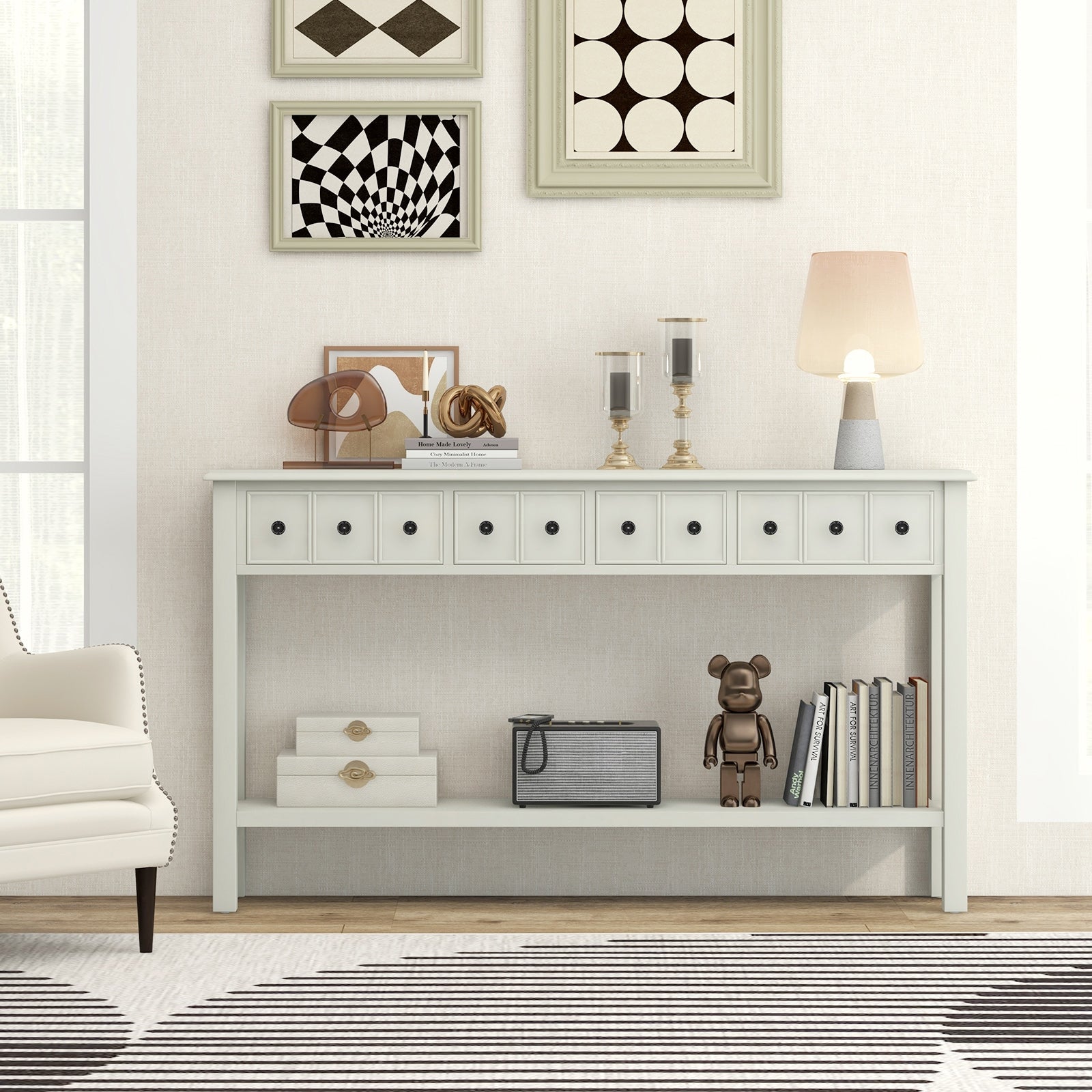 60 Inch Sofa Table, 4 Drawers, Open Shelf, White Console Tables at Gallery Canada