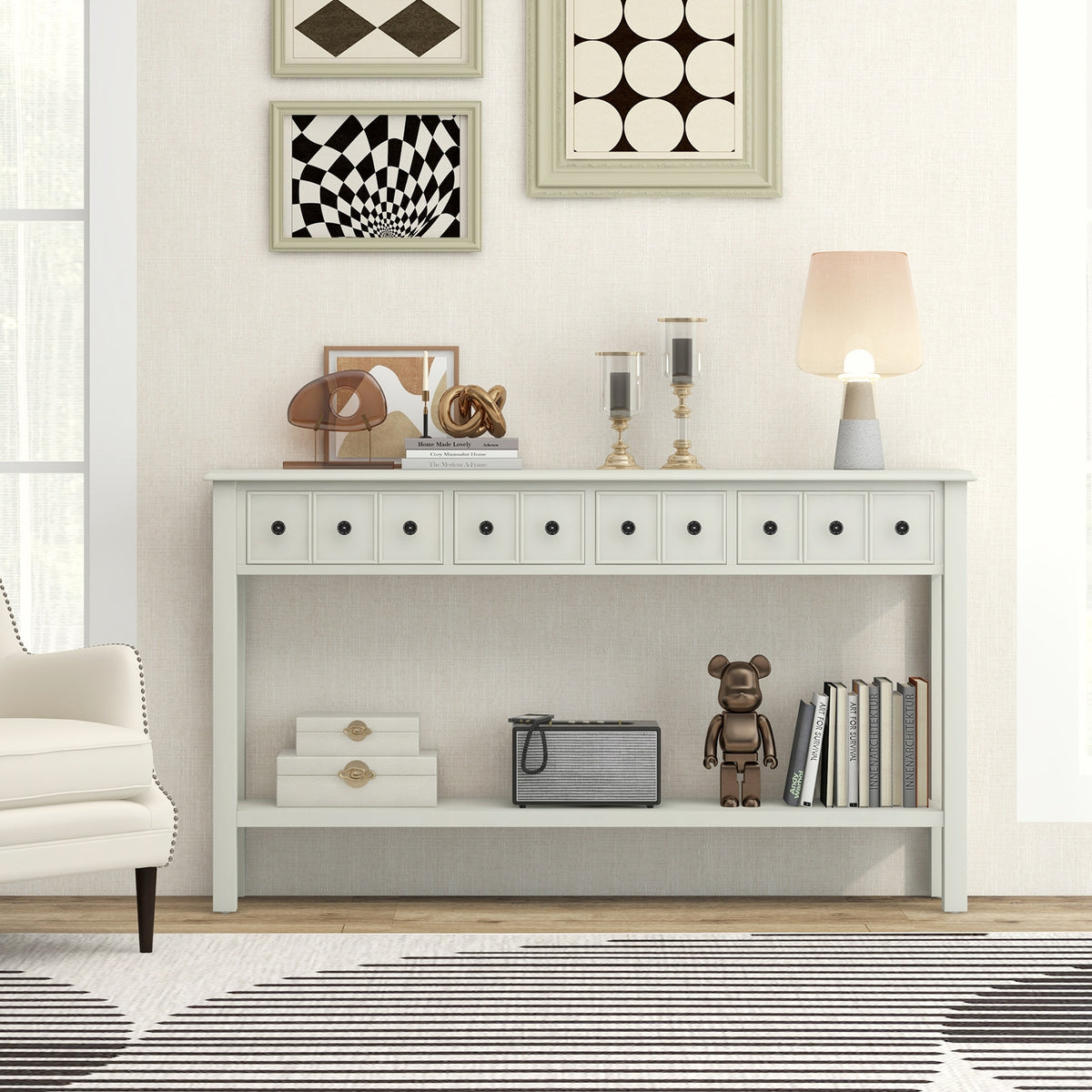 60 Inch Sofa Table, 4 Drawers, Open Shelf, White Console Tables at Gallery Canada