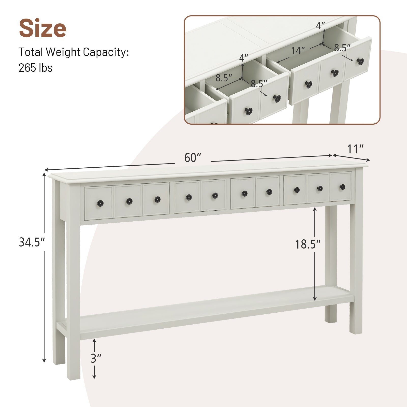 60 Inch Sofa Table, 4 Drawers, Open Shelf, White Console Tables at Gallery Canada