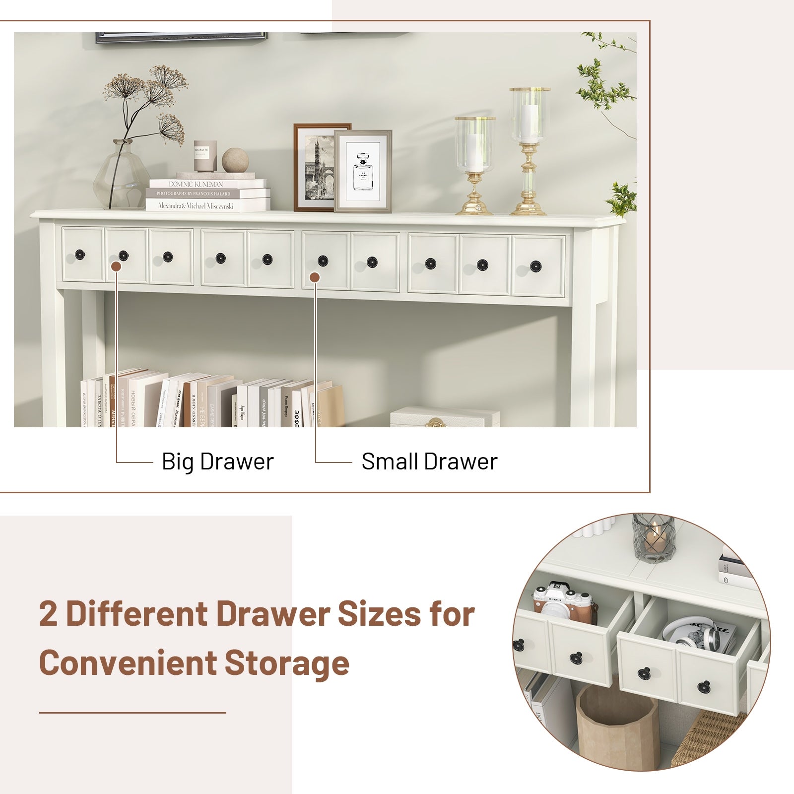 60 Inch Sofa Table, 4 Drawers, Open Shelf, White Console Tables at Gallery Canada