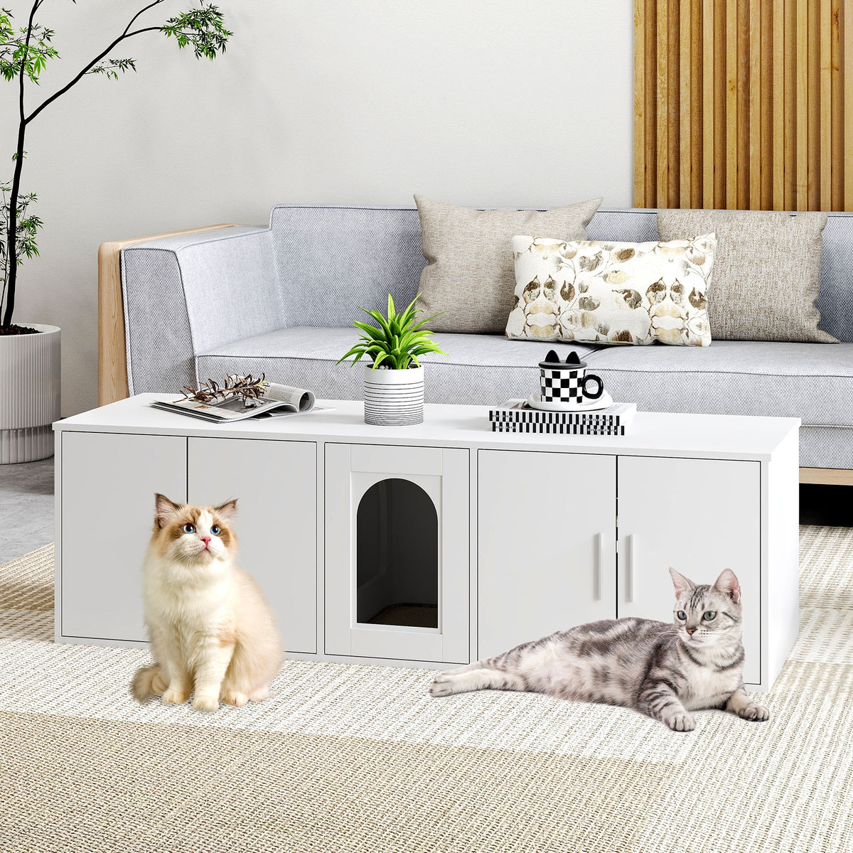 Cat Litter Box Enclosure, Double Rooms, Sisal Scratching Mat, White Cat Houses at Gallery Canada