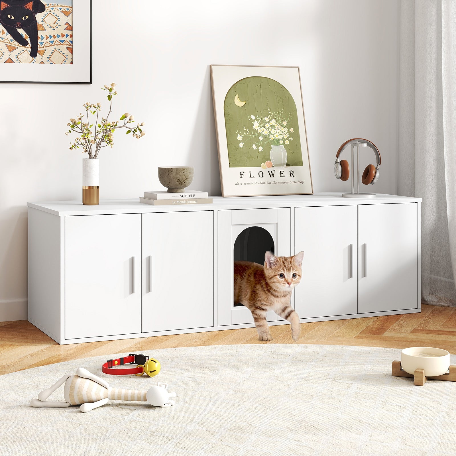 Cat Litter Box Enclosure, Double Rooms, Sisal Scratching Mat, White Cat Houses at Gallery Canada