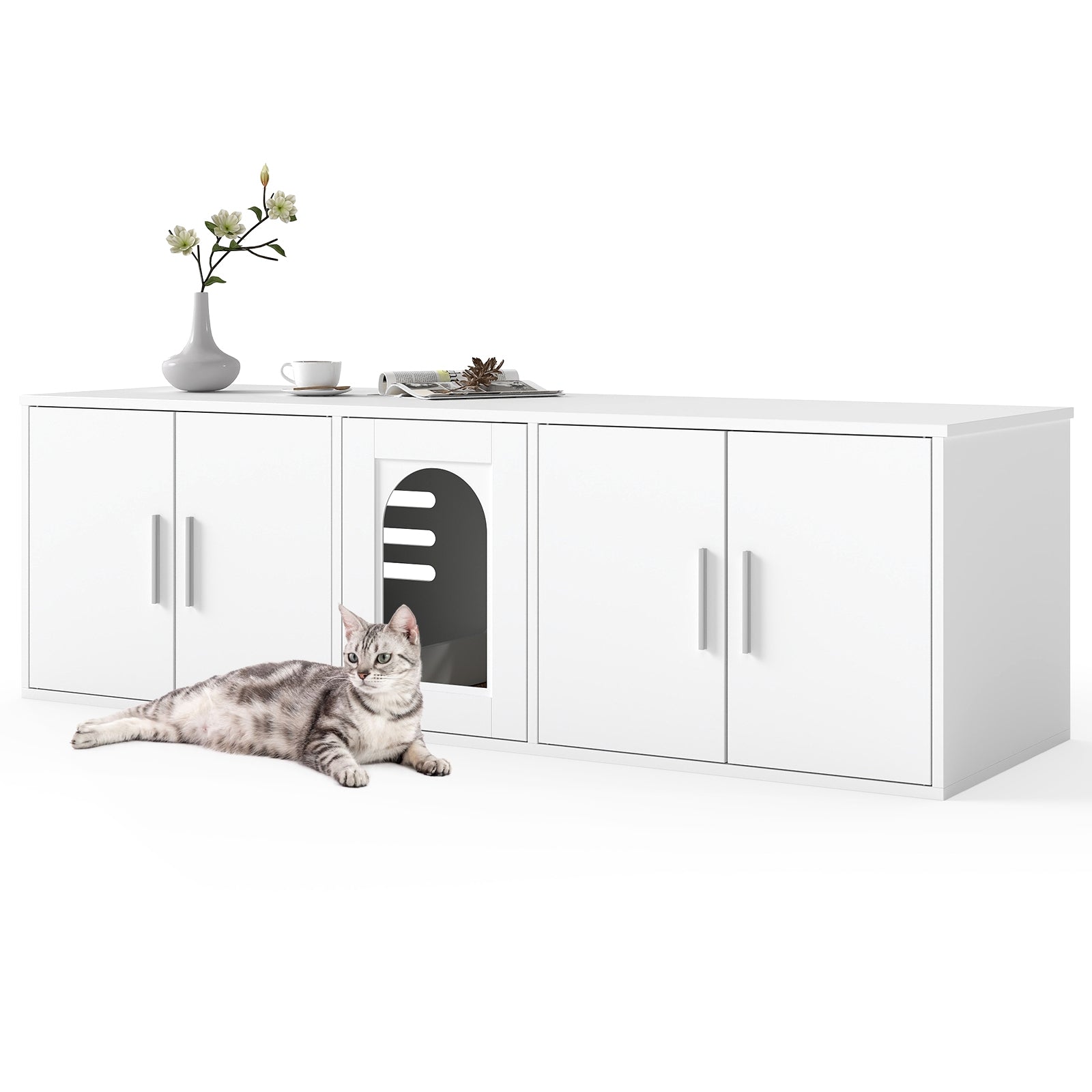 Cat Litter Box Enclosure, Double Rooms, Sisal Scratching Mat, White Cat Houses at Gallery Canada