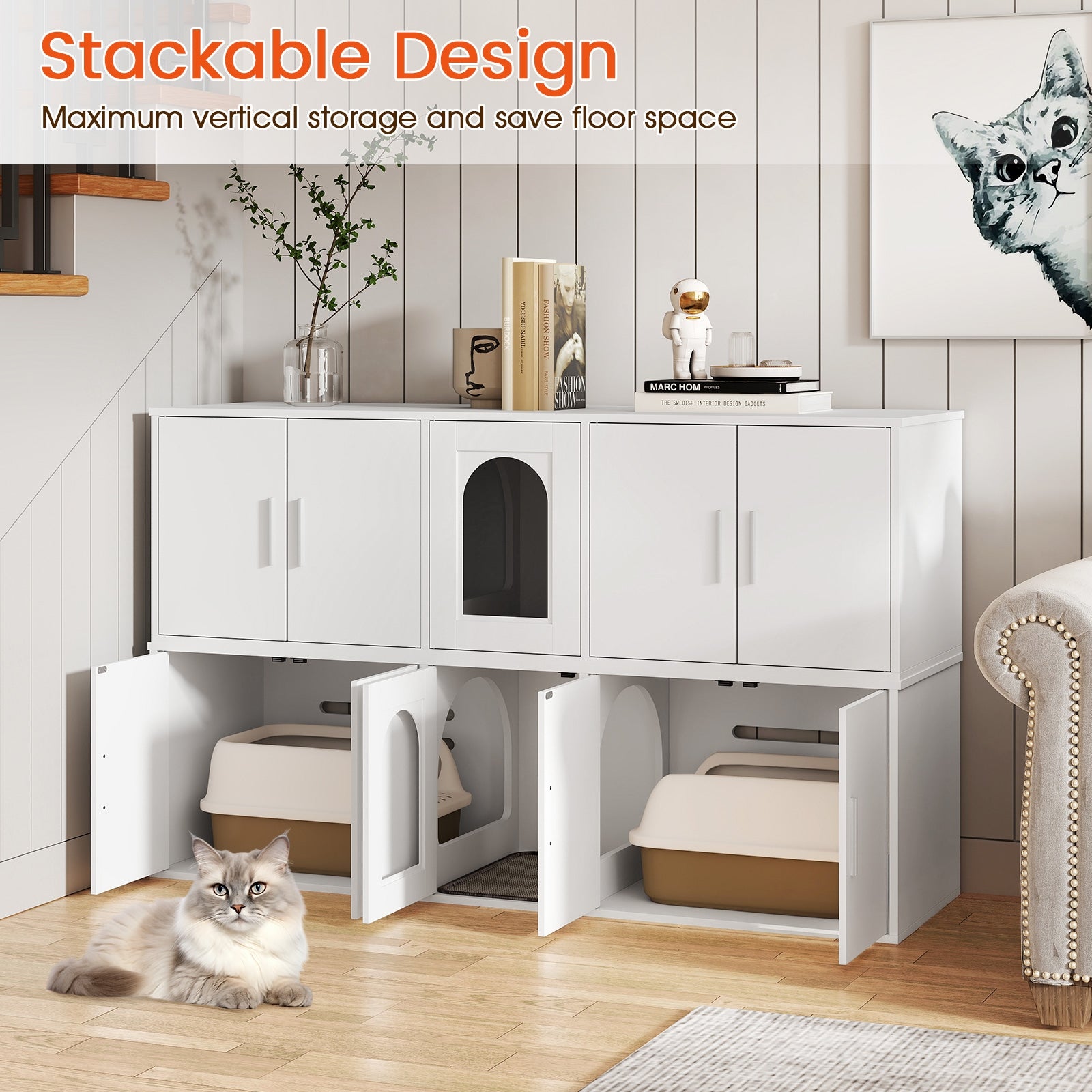 Cat Litter Box Enclosure, Double Rooms, Sisal Scratching Mat, White Cat Houses at Gallery Canada