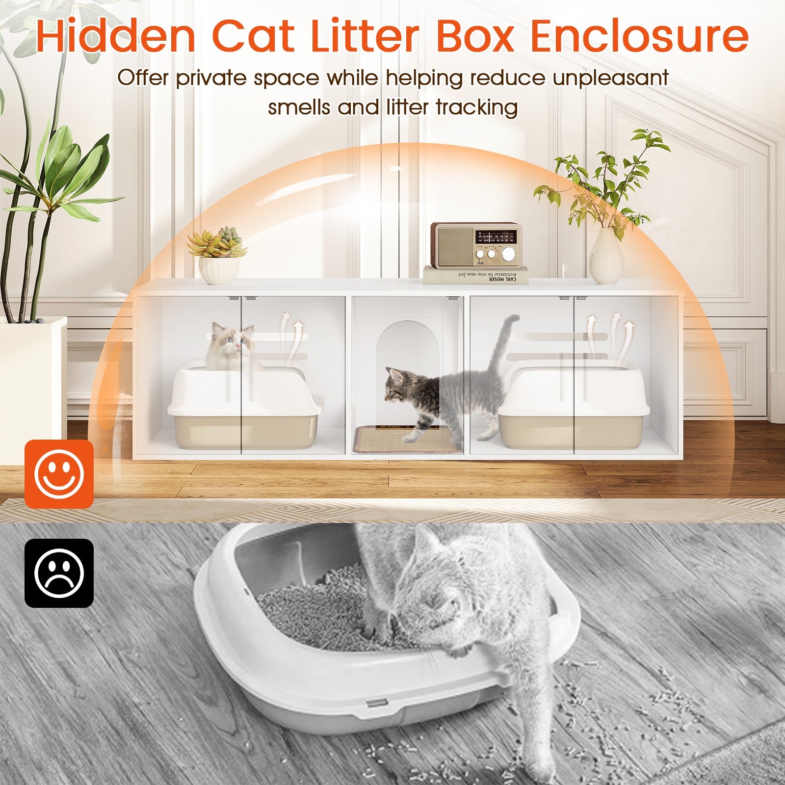 Cat Litter Box Enclosure, Double Rooms, Sisal Scratching Mat, White Cat Houses at Gallery Canada