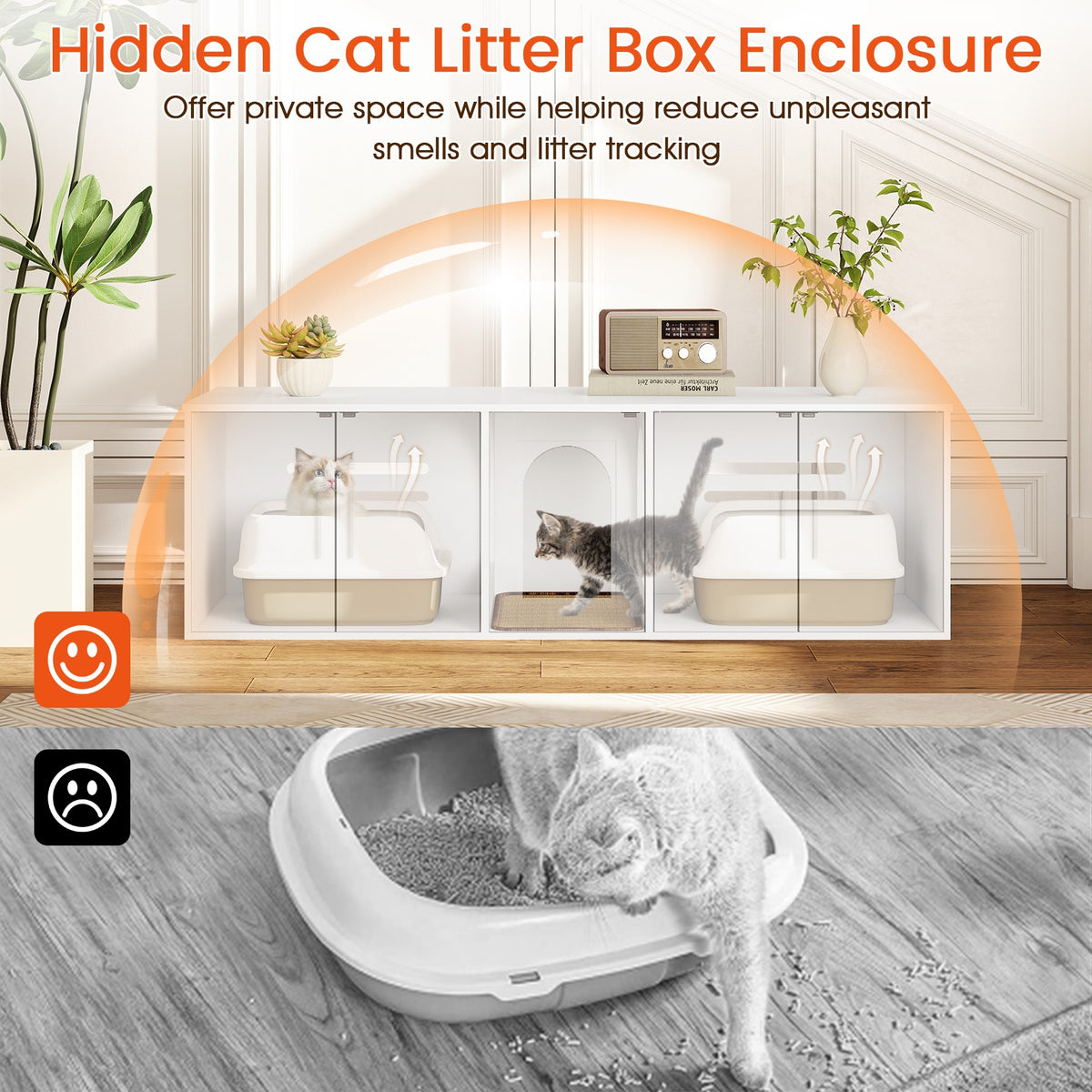 Cat Litter Box Enclosure, Double Rooms, Sisal Scratching Mat, White Cat Houses at Gallery Canada