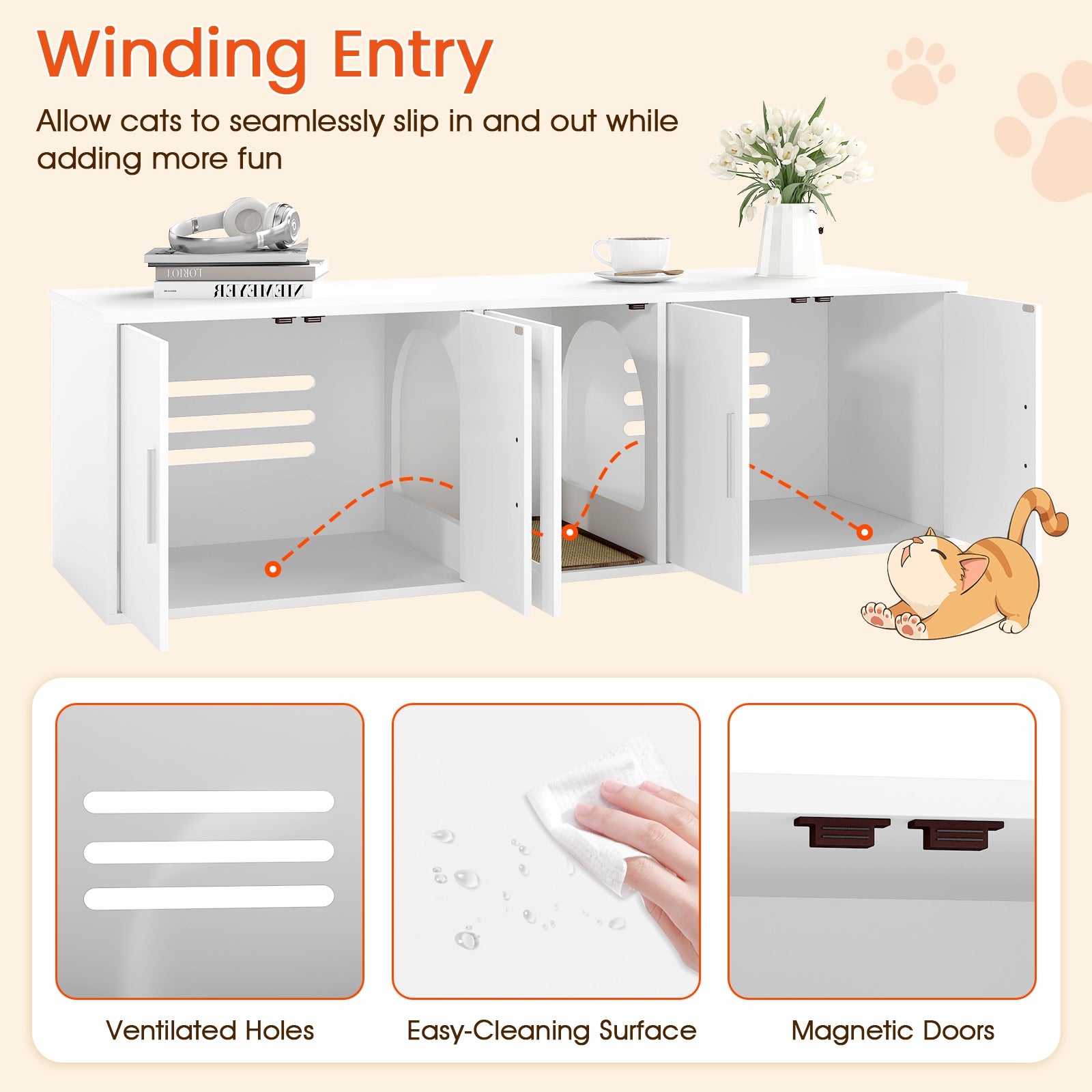 Cat Litter Box Enclosure, Double Rooms, Sisal Scratching Mat, White Cat Houses at Gallery Canada