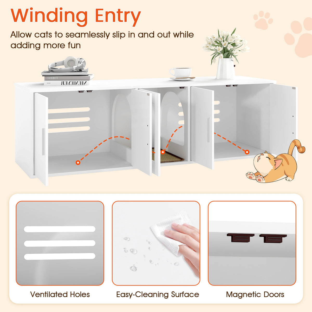 Cat Litter Box Enclosure, Double Rooms, Sisal Scratching Mat, White Cat Houses at Gallery Canada