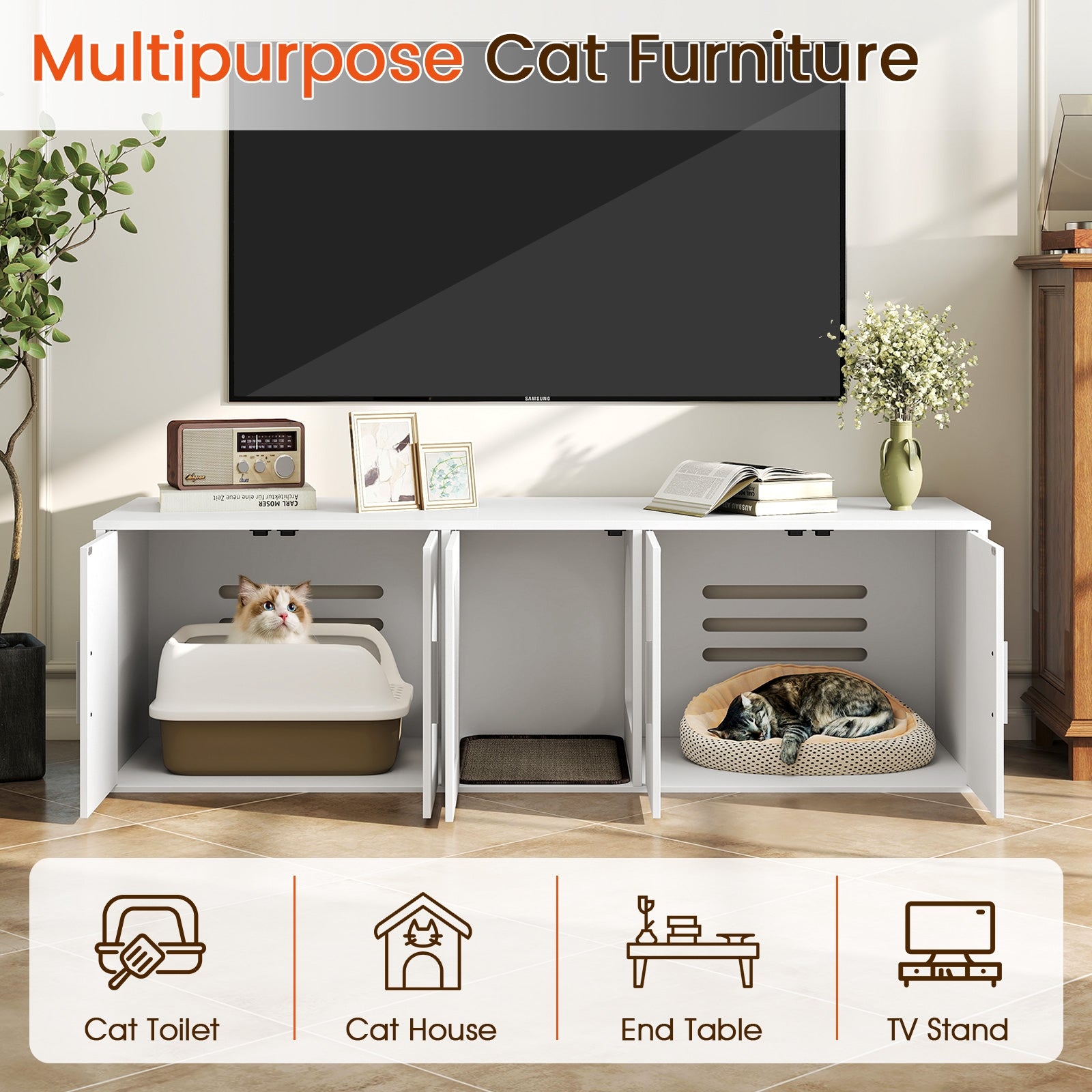 Cat Litter Box Enclosure, Double Rooms, Sisal Scratching Mat, White Cat Houses at Gallery Canada