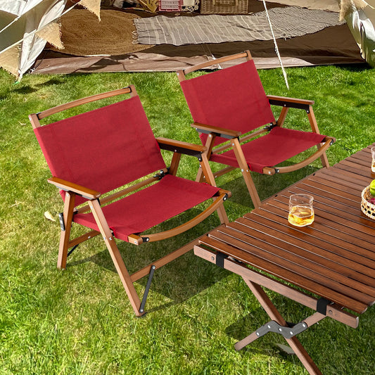 2 Patio Folding Beach Chair, Solid Bamboo Frame, Red Camping Furniture Red at Gallery Canada