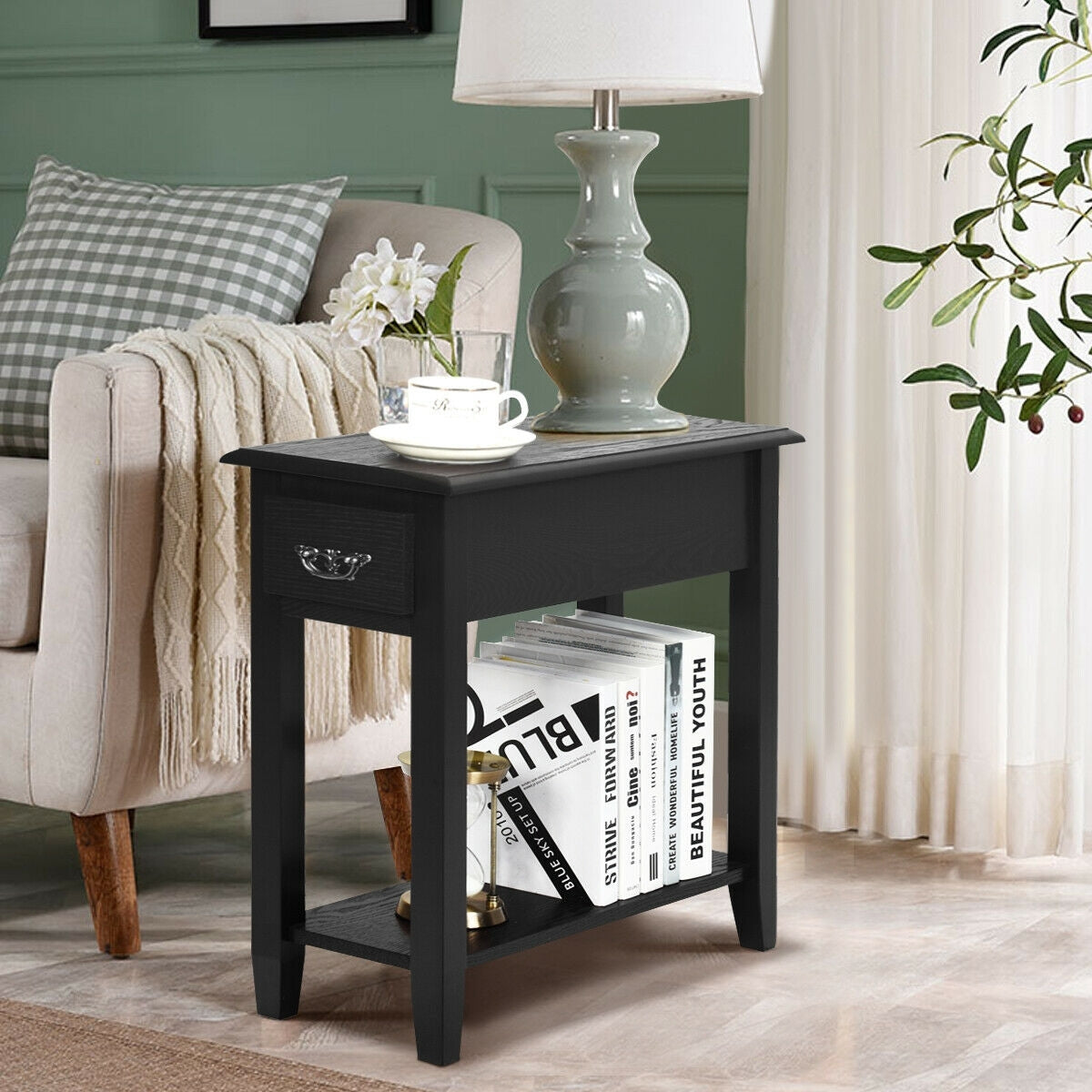 2 Tier End Bedside Sofa Side Table, Narrow Nightstand, Black End & Side Tables at Gallery Canada