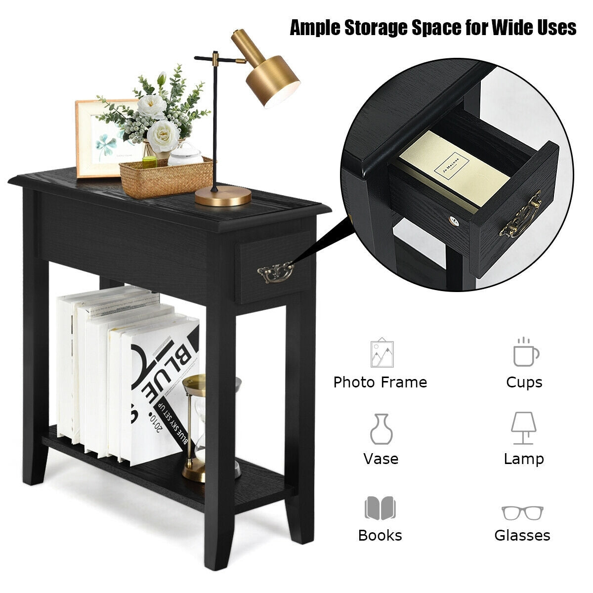 2 Tier End Bedside Sofa Side Table, Narrow Nightstand, Black End & Side Tables at Gallery Canada