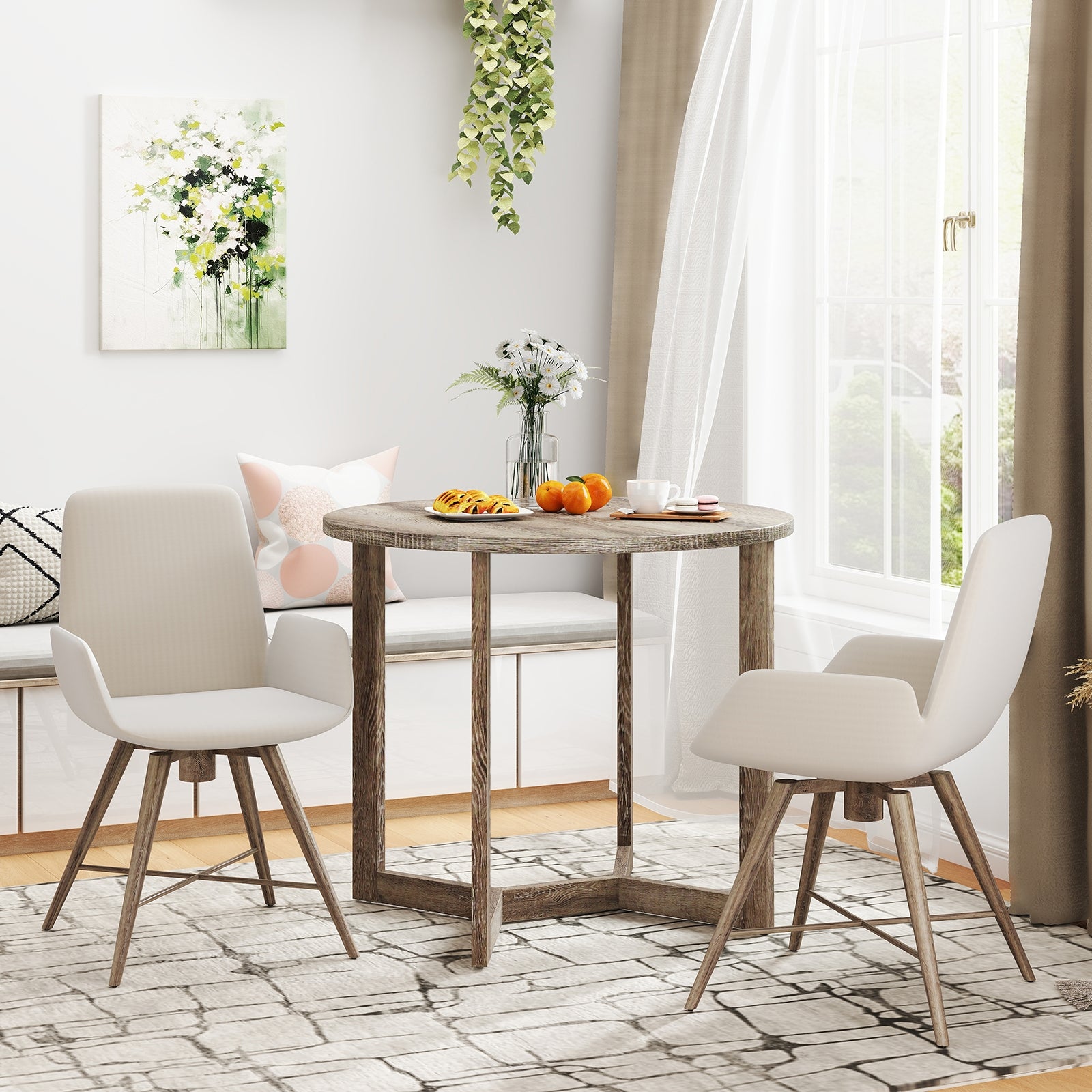 36 Inch Round Wood Dining Table, Wing-Shaped Pedestal Base, Gray Dining Tables at Gallery Canada