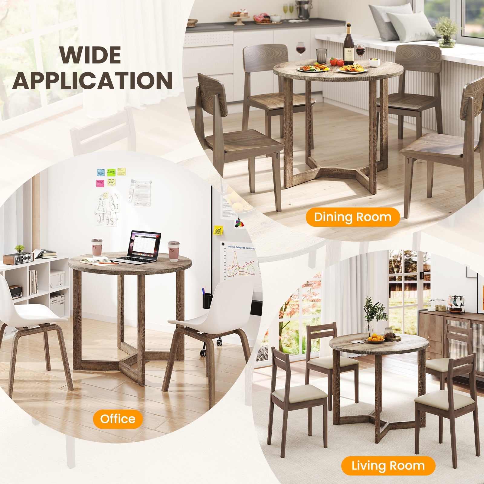 36 Inch Round Wood Dining Table, Wing-Shaped Pedestal Base, Gray Dining Tables at Gallery Canada